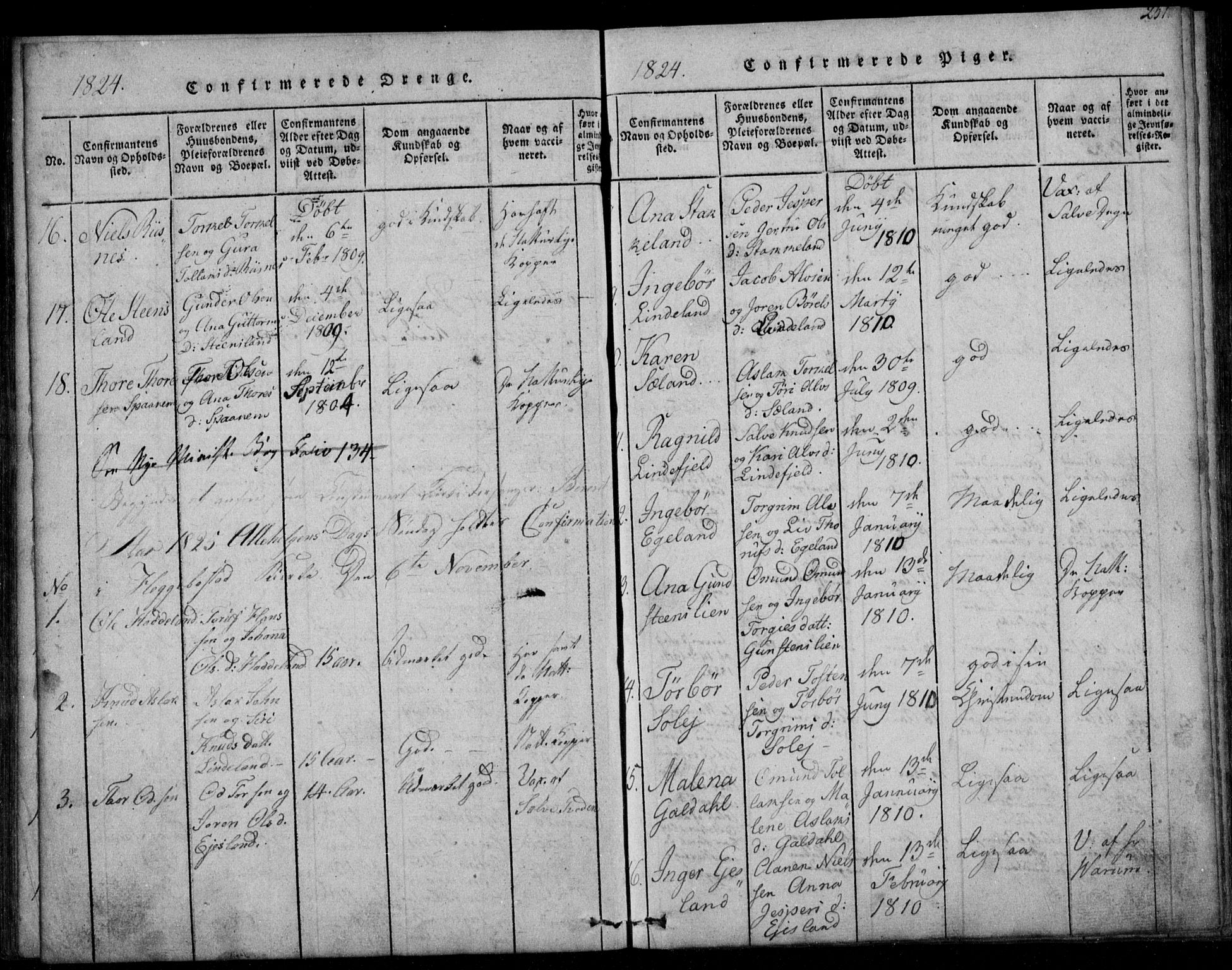 Fjotland sokneprestkontor, AV/SAK-1111-0010/F/Fb/L0001: Parish register (copy) no. B 1, 1816-1849, p. 251