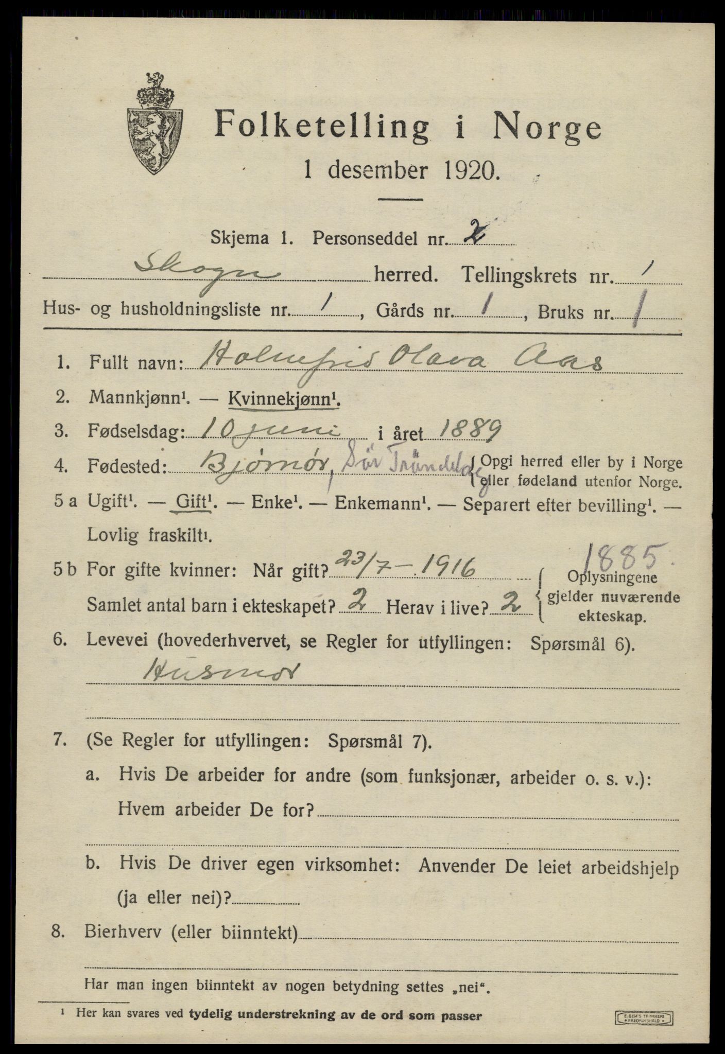 SAT, 1920 census for Skogn, 1920, p. 1285