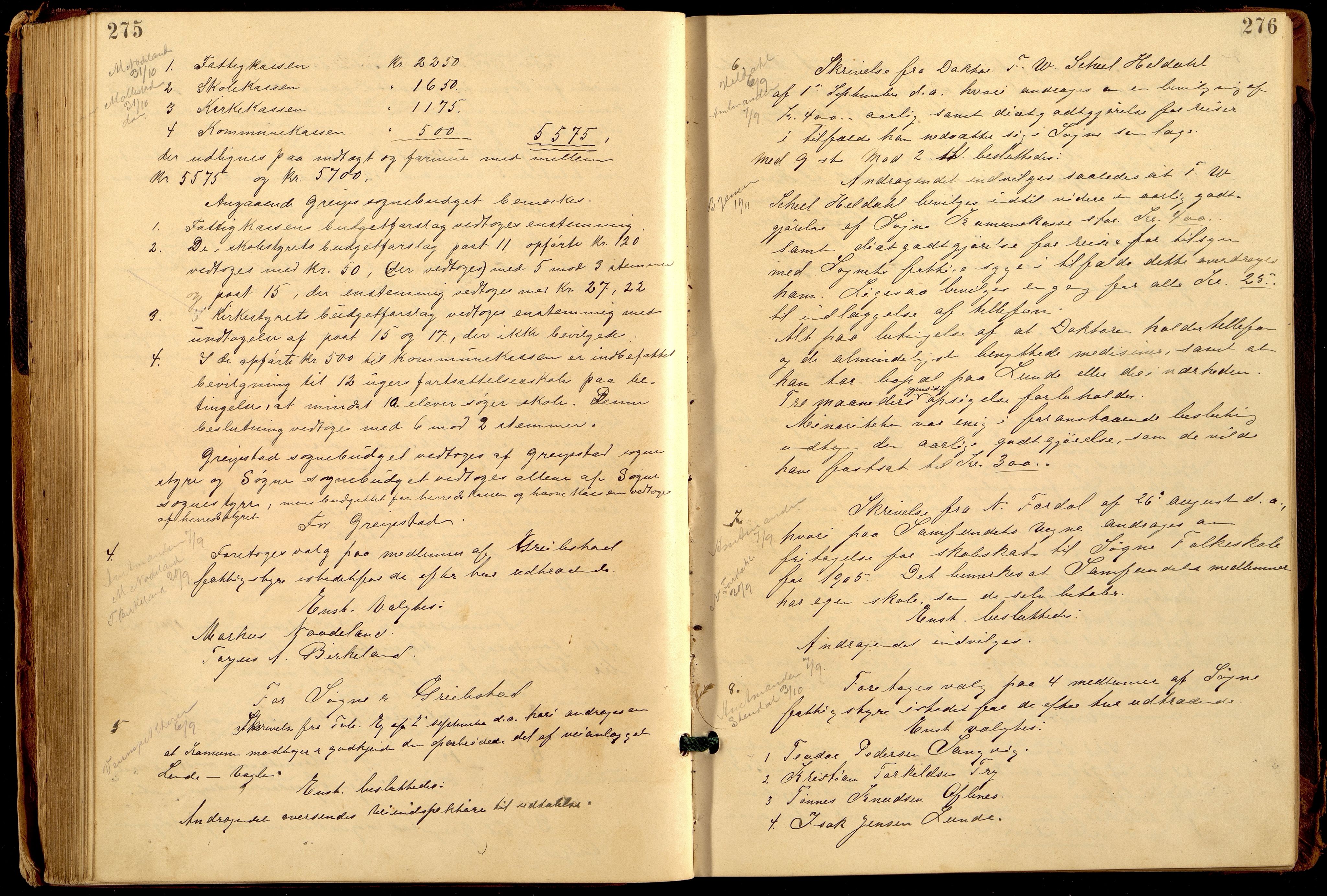 Søgne og Greipstad kommune - Formannskapet, IKAV/1018SG120/A/L0006: Møtebok (d), 1901-1909, p. 275-276