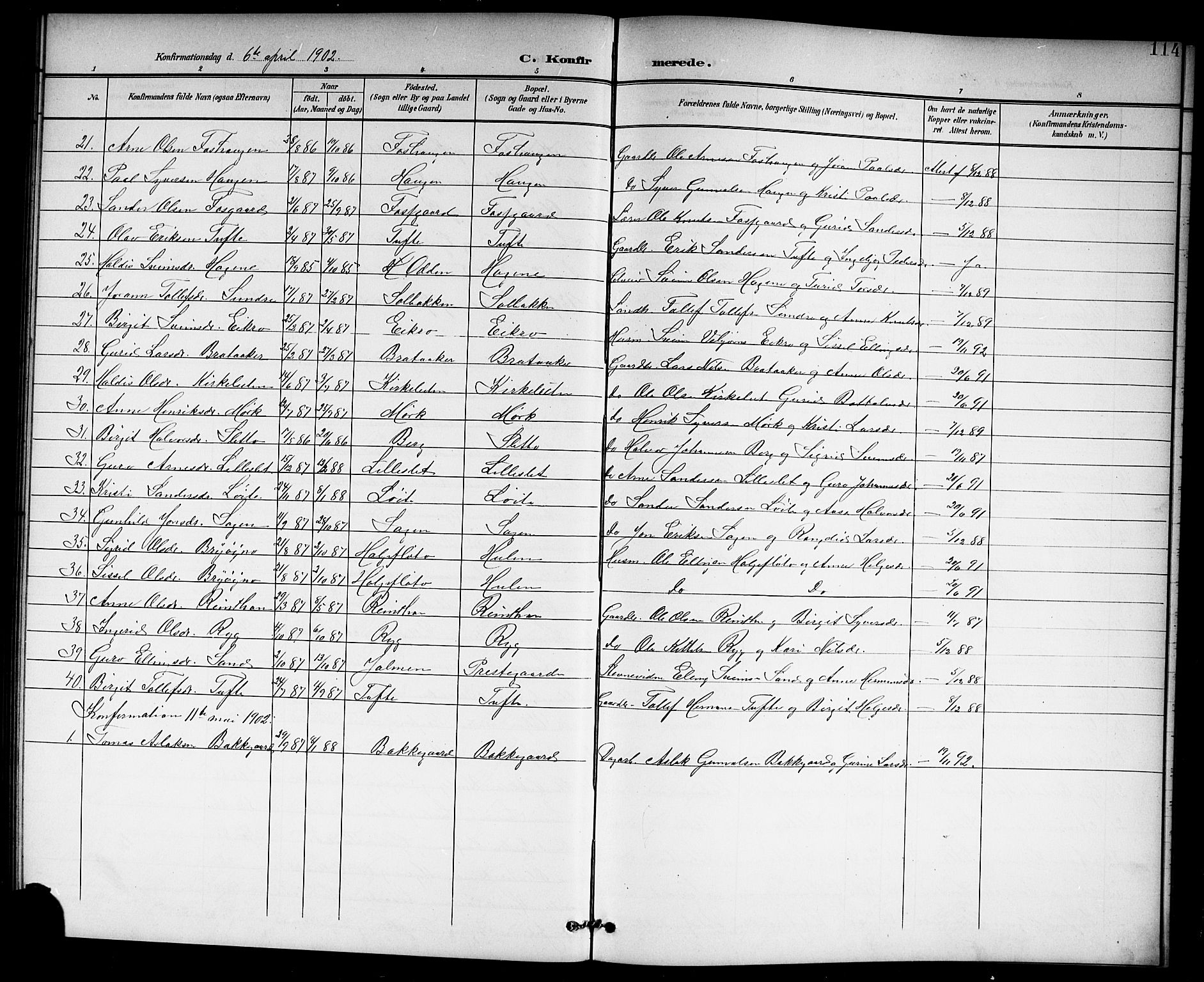 Hol kirkebøker, SAKO/A-227/G/Ga/L0001: Parish register (copy) no. I 1, 1900-1919, p. 114