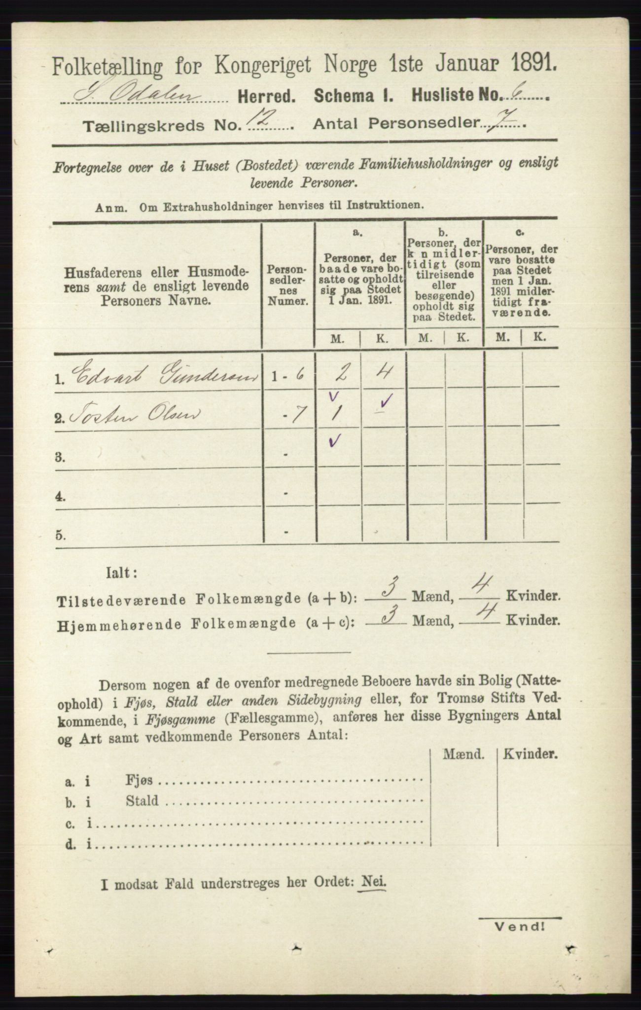 RA, 1891 census for 0419 Sør-Odal, 1891, p. 5372