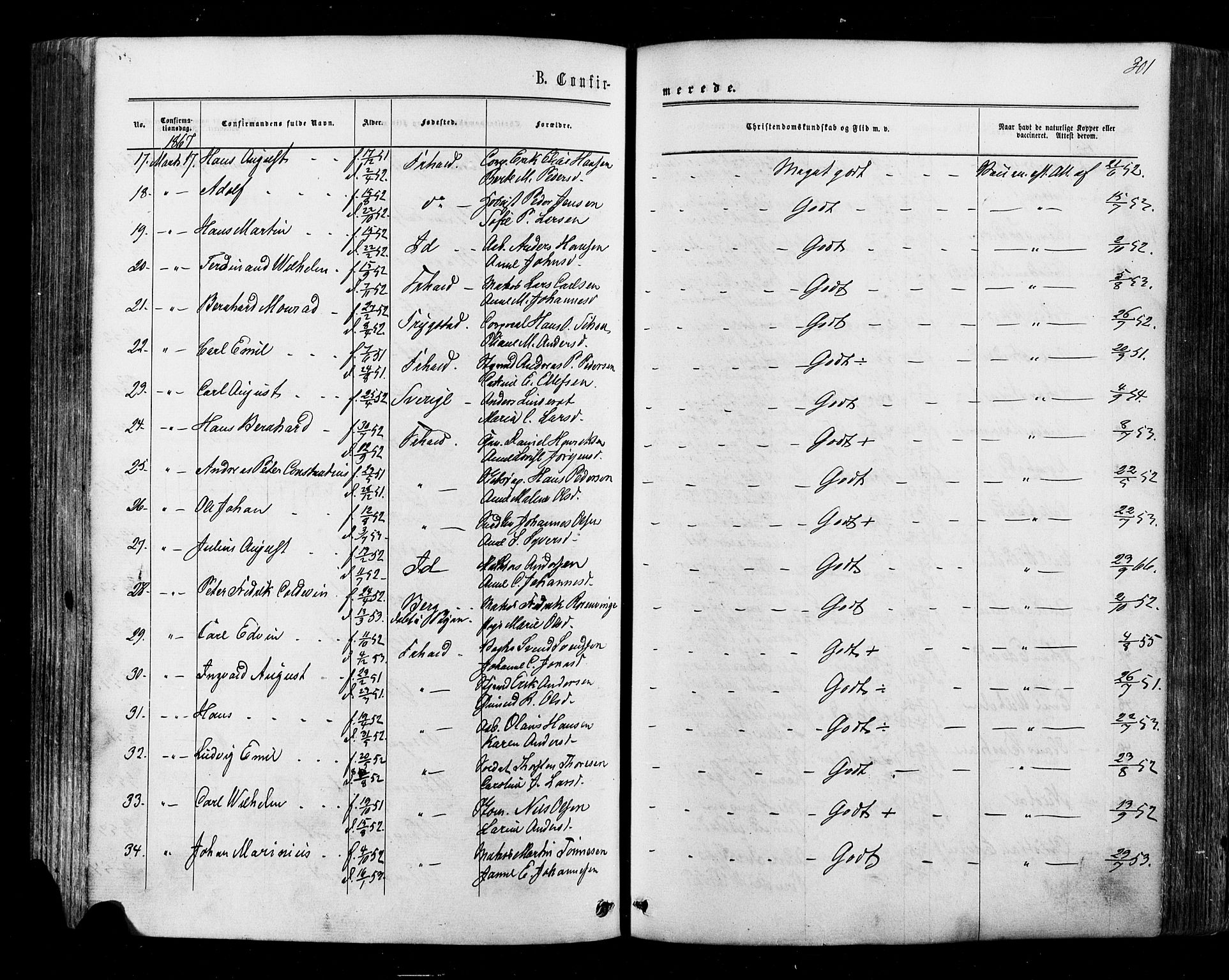 Halden prestekontor Kirkebøker, SAO/A-10909/F/Fa/L0009: Parish register (official) no. I 9, 1866-1877, p. 301