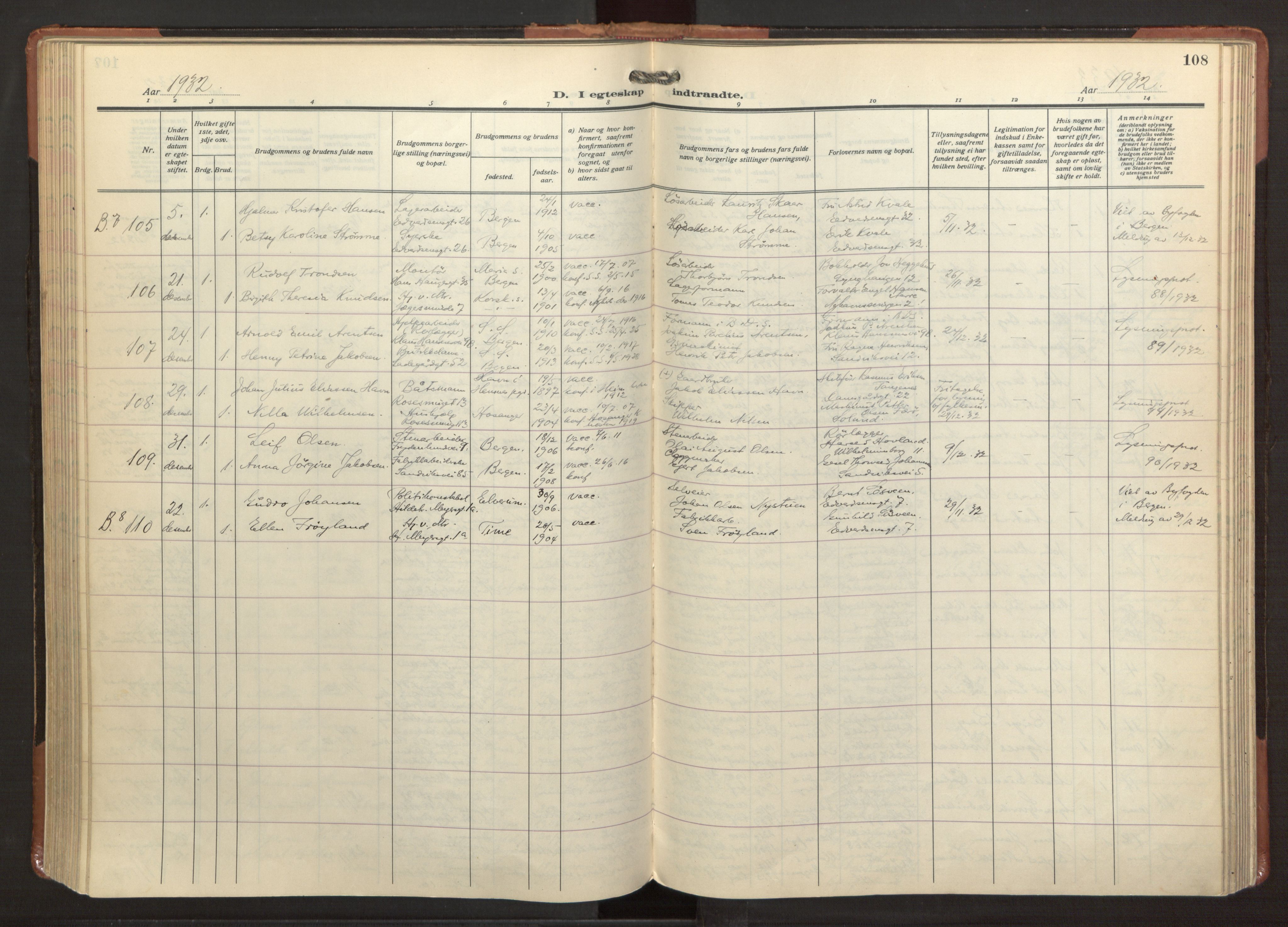 Sandviken Sokneprestembete, AV/SAB-A-77601/H/Ha/L0016: Parish register (official) no. D 3, 1923-1940, p. 108