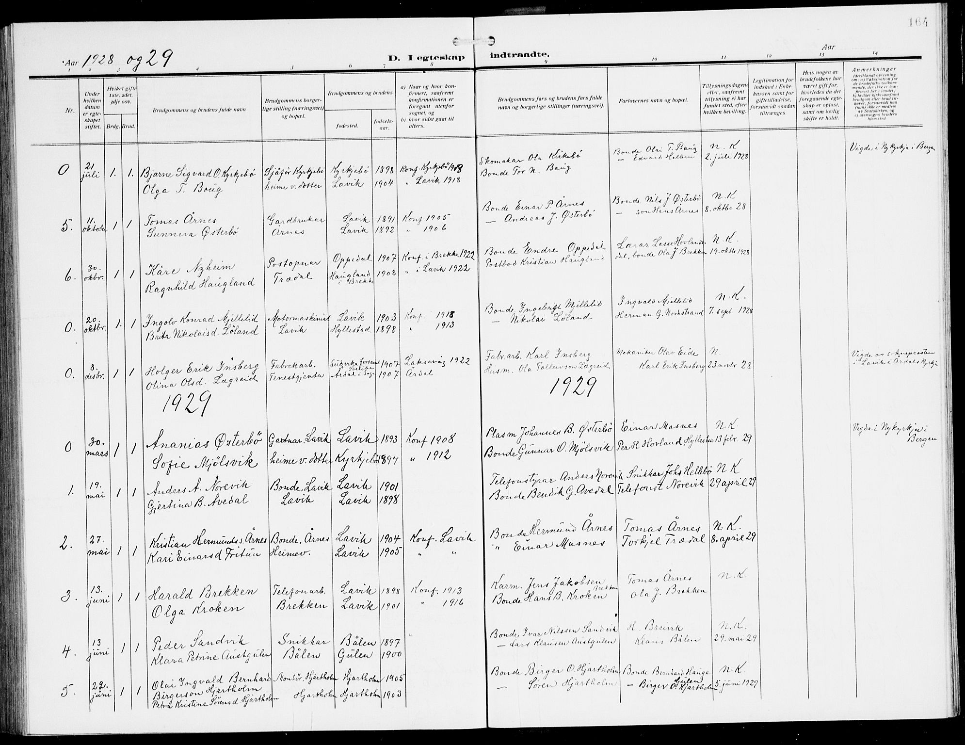 Lavik sokneprestembete, SAB/A-80901: Parish register (copy) no. A 3, 1911-1942, p. 164