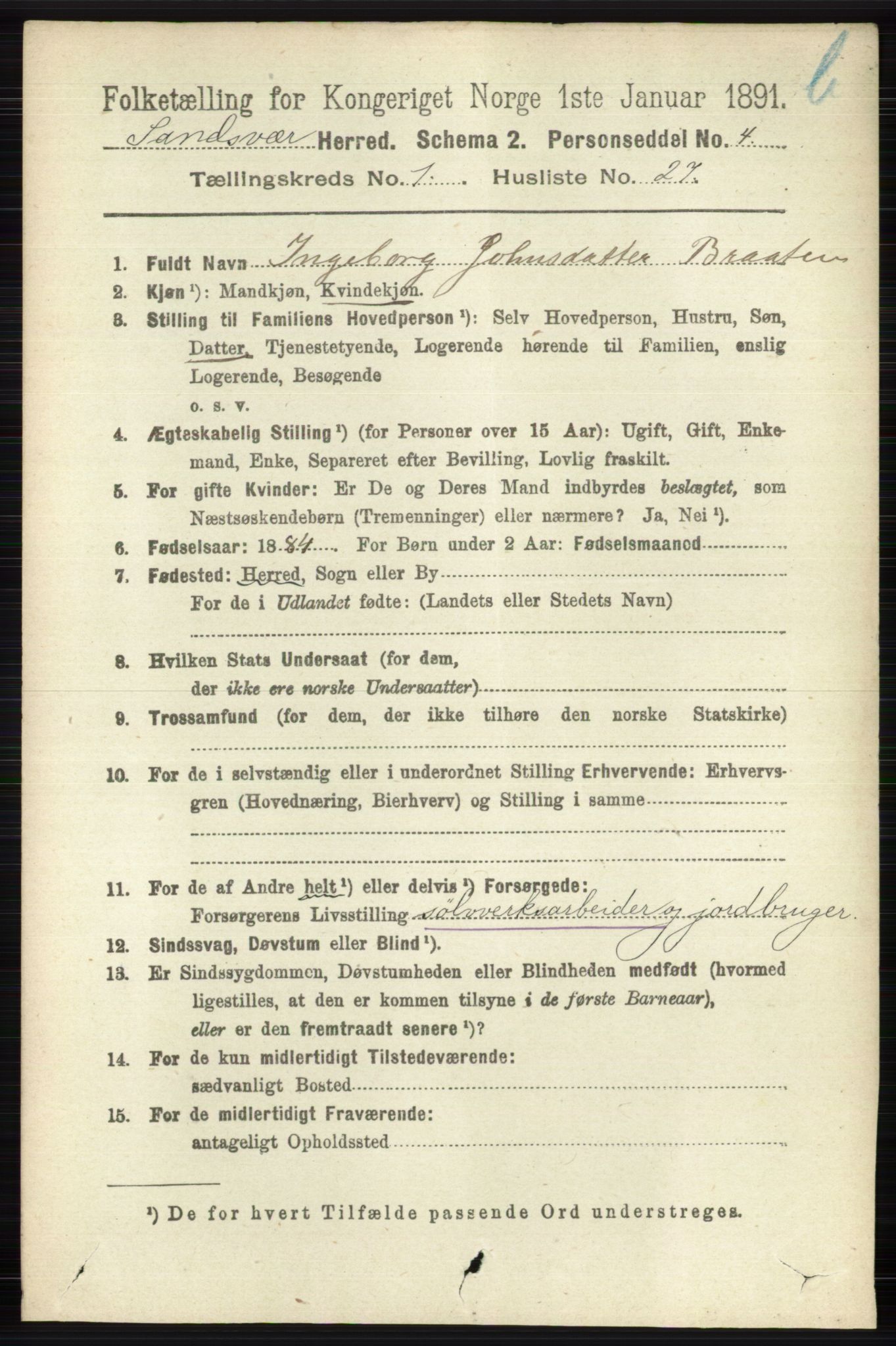 RA, 1891 census for 0629 Sandsvær, 1891, p. 5707