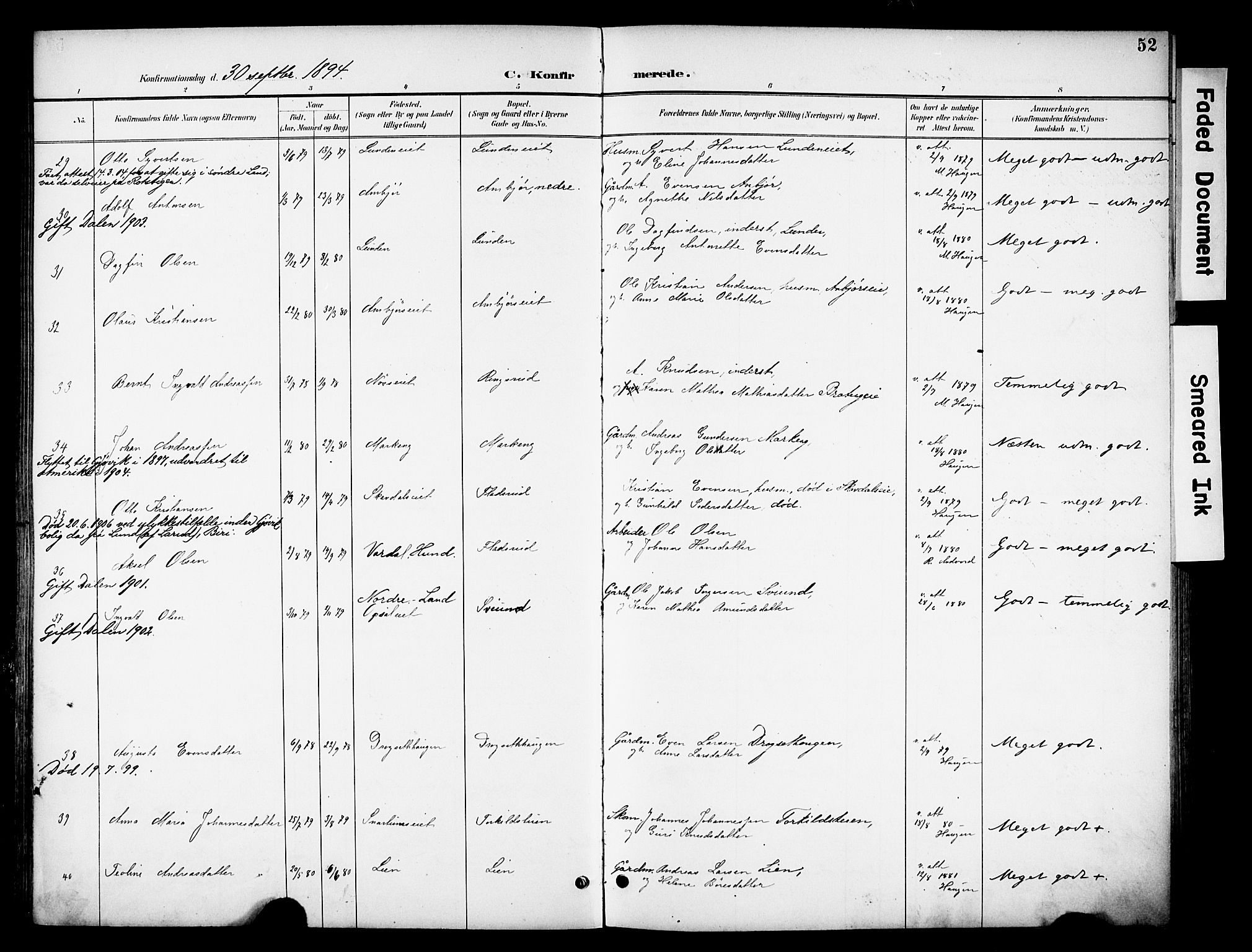 Biri prestekontor, SAH/PREST-096/H/Ha/Haa/L0008: Parish register (official) no. 8, 1894-1901, p. 52