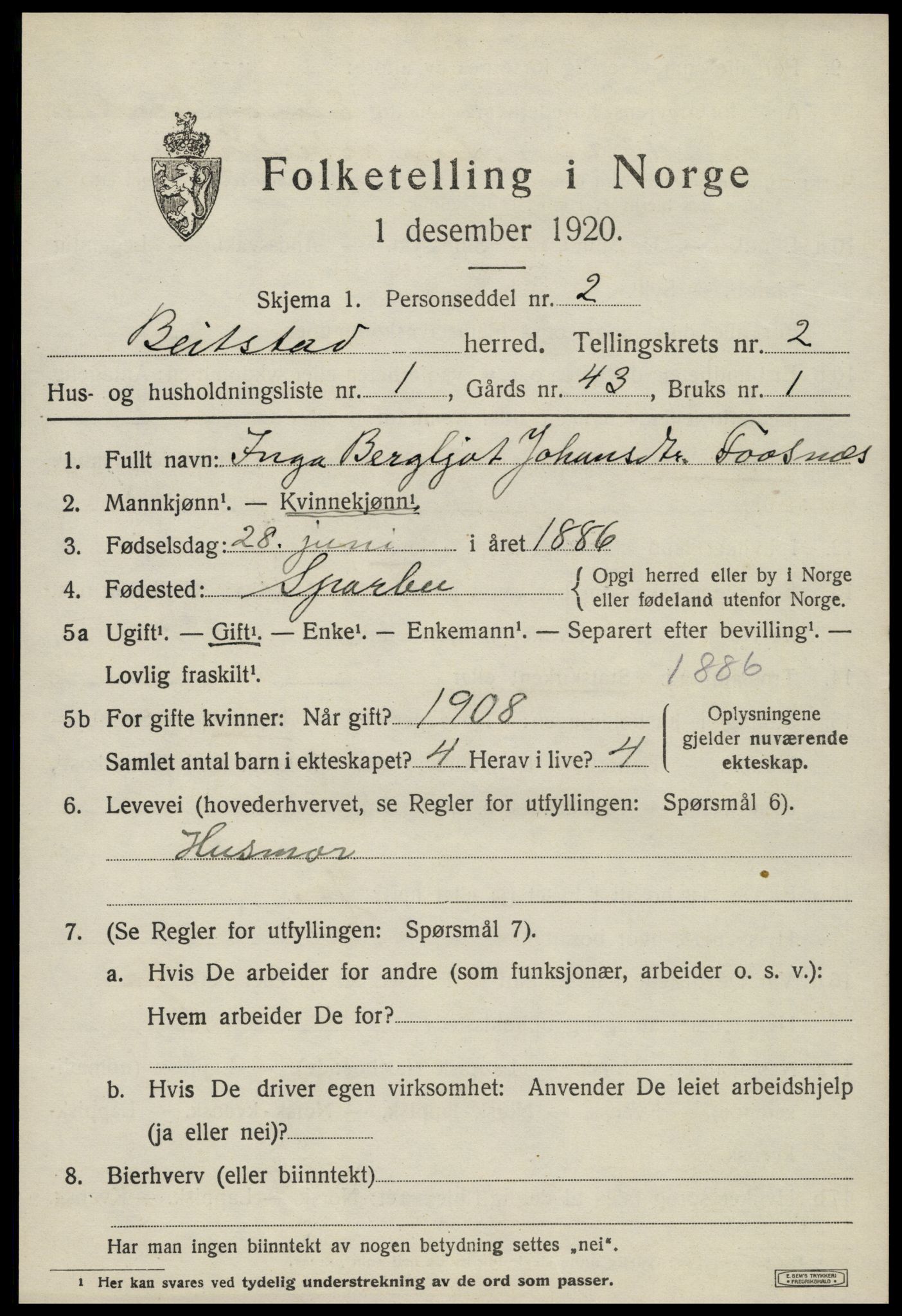 SAT, 1920 census for Beitstad, 1920, p. 1421