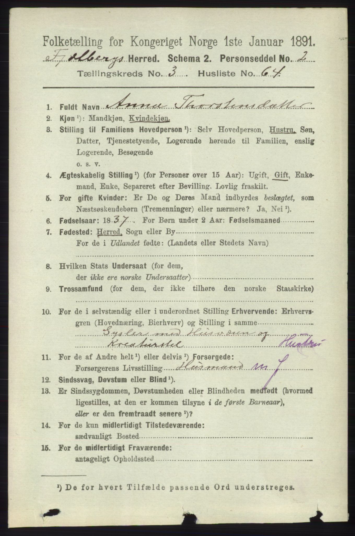 RA, 1891 census for 1213 Fjelberg, 1891, p. 1124