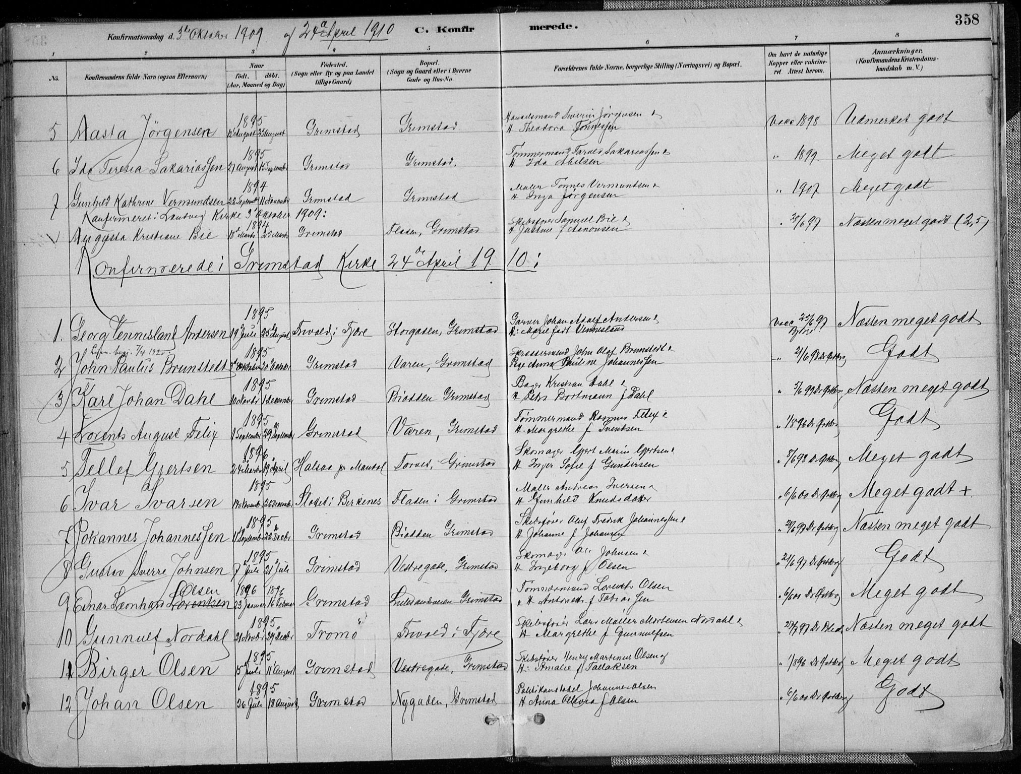 Grimstad sokneprestkontor, SAK/1111-0017/F/Fa/L0003: Parish register (official) no. A 2, 1882-1912, p. 358
