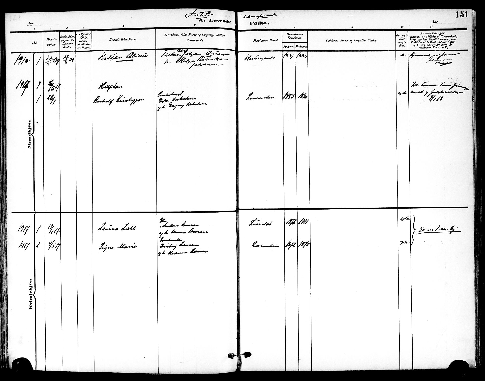 Ministerialprotokoller, klokkerbøker og fødselsregistre - Nordland, SAT/A-1459/839/L0569: Parish register (official) no. 839A06, 1903-1922, p. 151