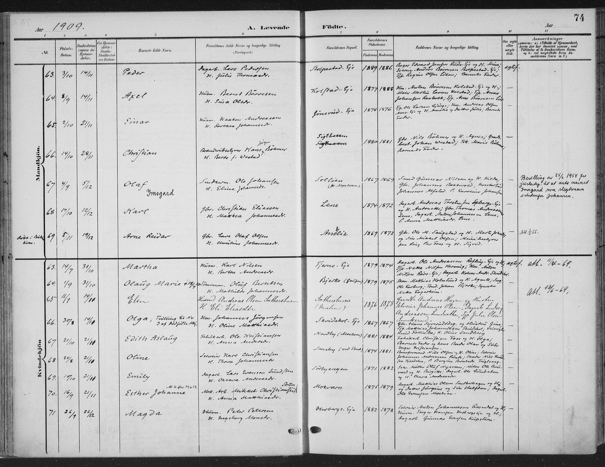 Ringsaker prestekontor, AV/SAH-PREST-014/K/Ka/L0018: Parish register (official) no. 18, 1903-1912, p. 74