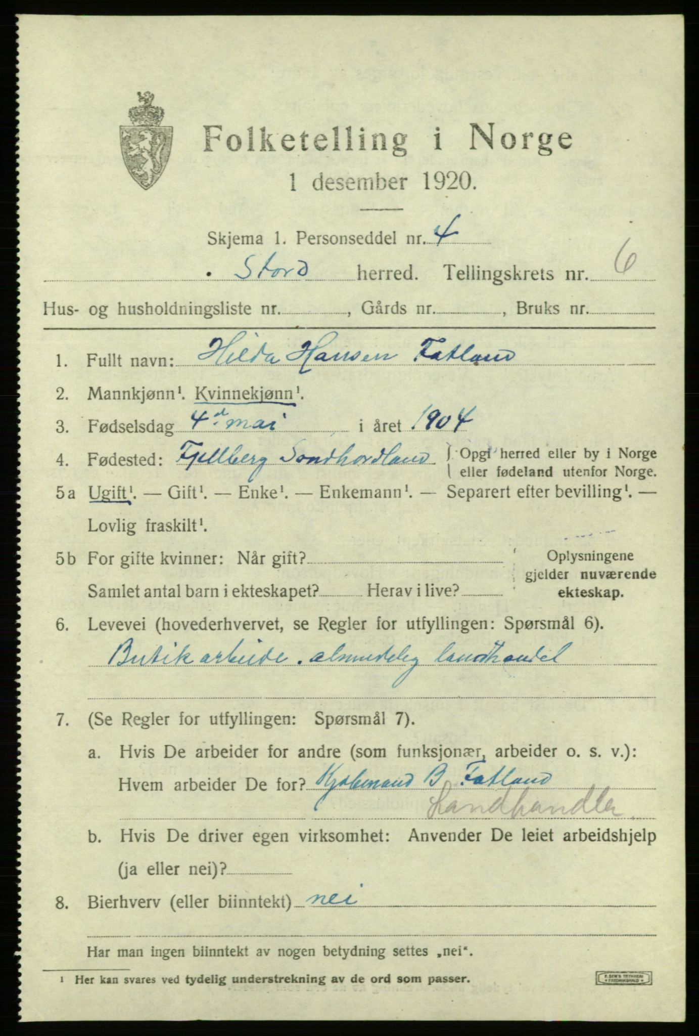 SAB, 1920 census for Stord, 1920, p. 2365