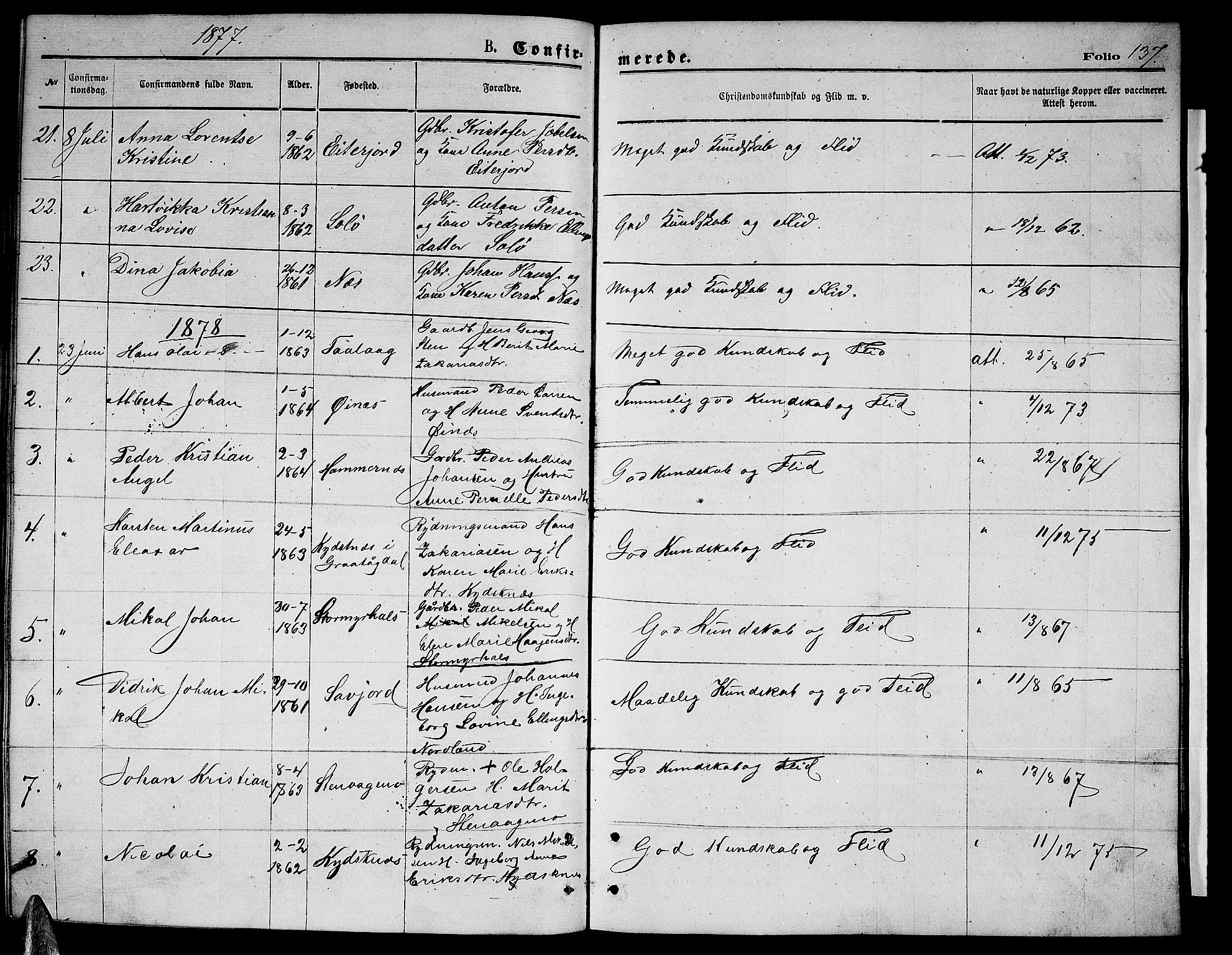Ministerialprotokoller, klokkerbøker og fødselsregistre - Nordland, SAT/A-1459/846/L0653: Parish register (copy) no. 846C03, 1872-1887, p. 137