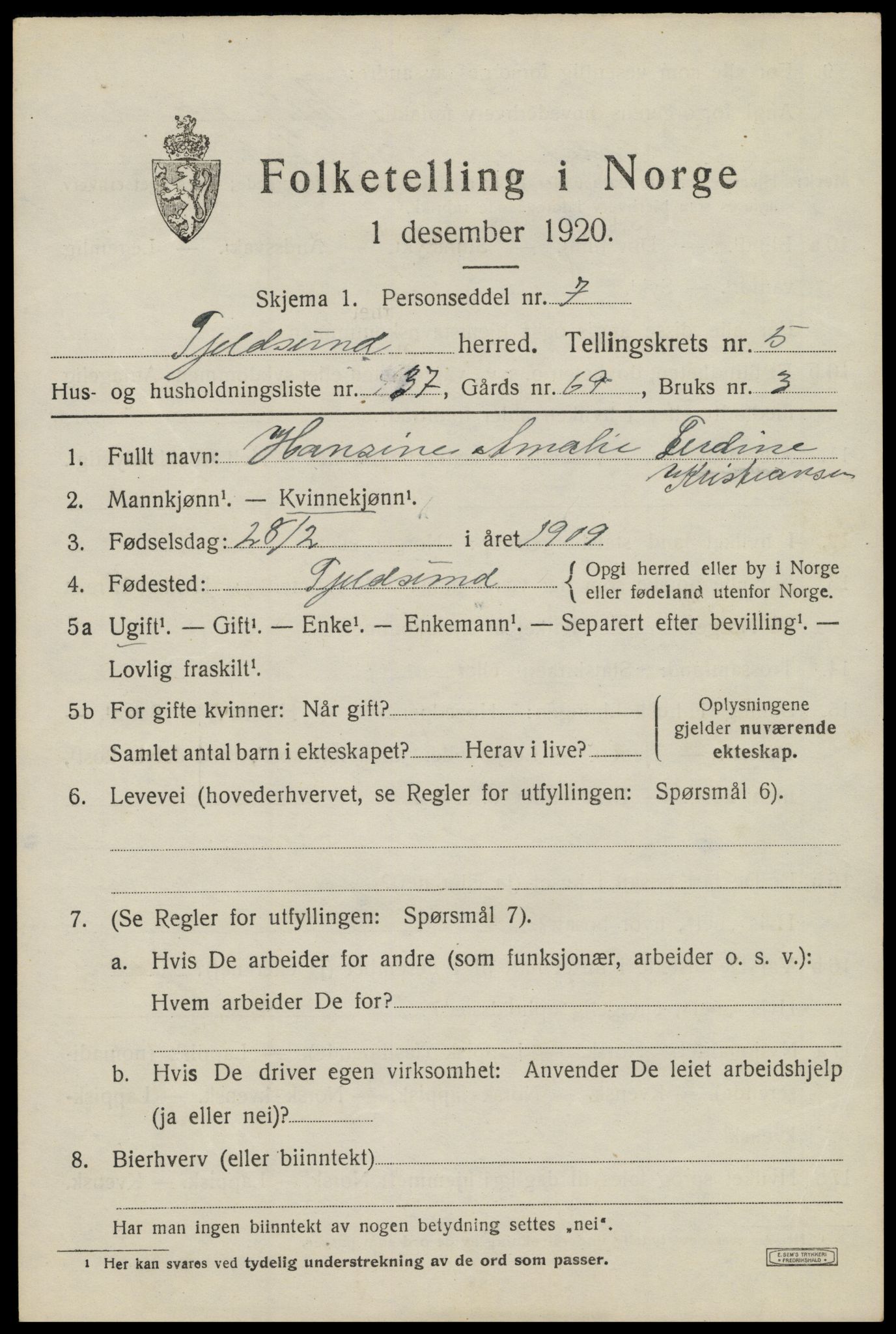 SAT, 1920 census for Tjeldsund, 1920, p. 3226