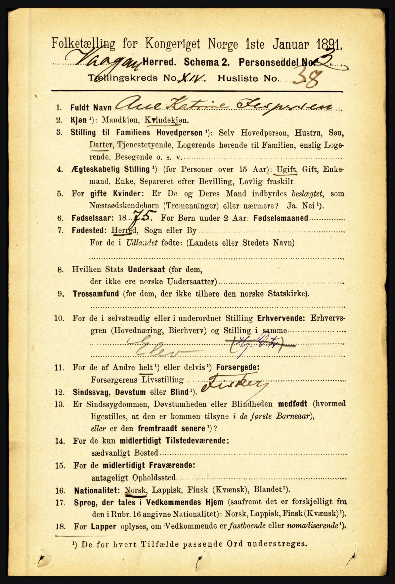 RA, 1891 census for 1865 Vågan, 1891, p. 4007