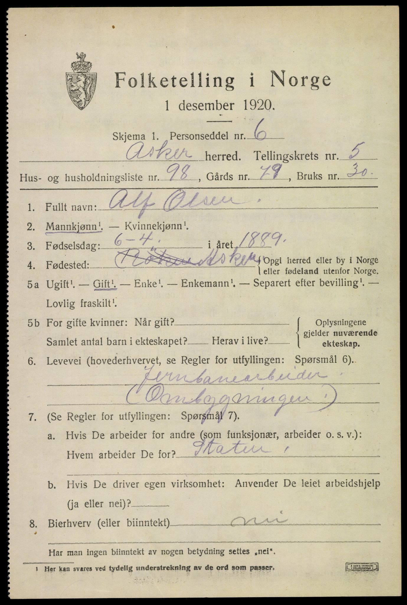 SAO, 1920 census for Asker, 1920, p. 13944