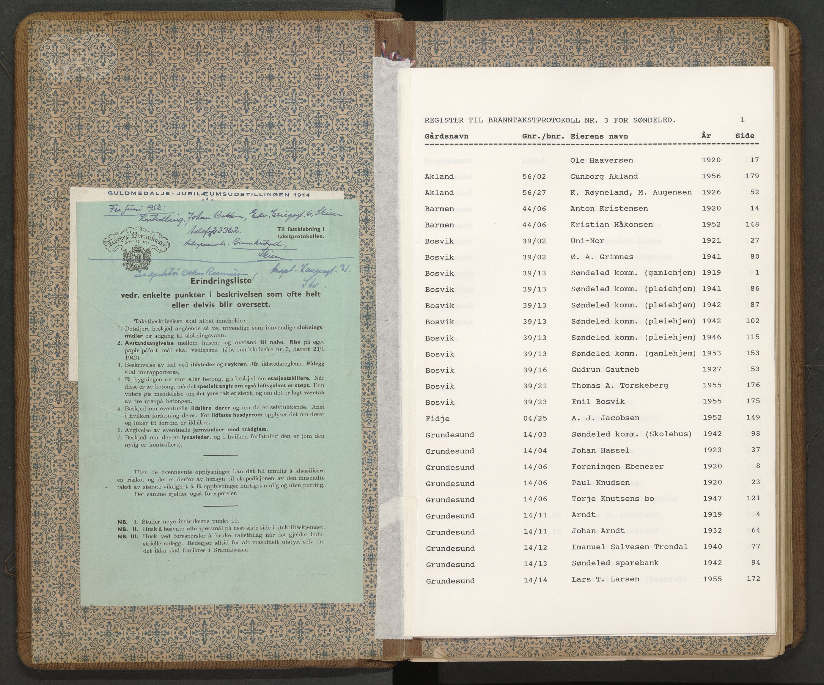 Norges Brannkasse Søndeled, AV/SAK-2241-0047/F/Fa/L0003: Branntakstprotokoll nr 3 med gårdsnavnregister, 1919-1956