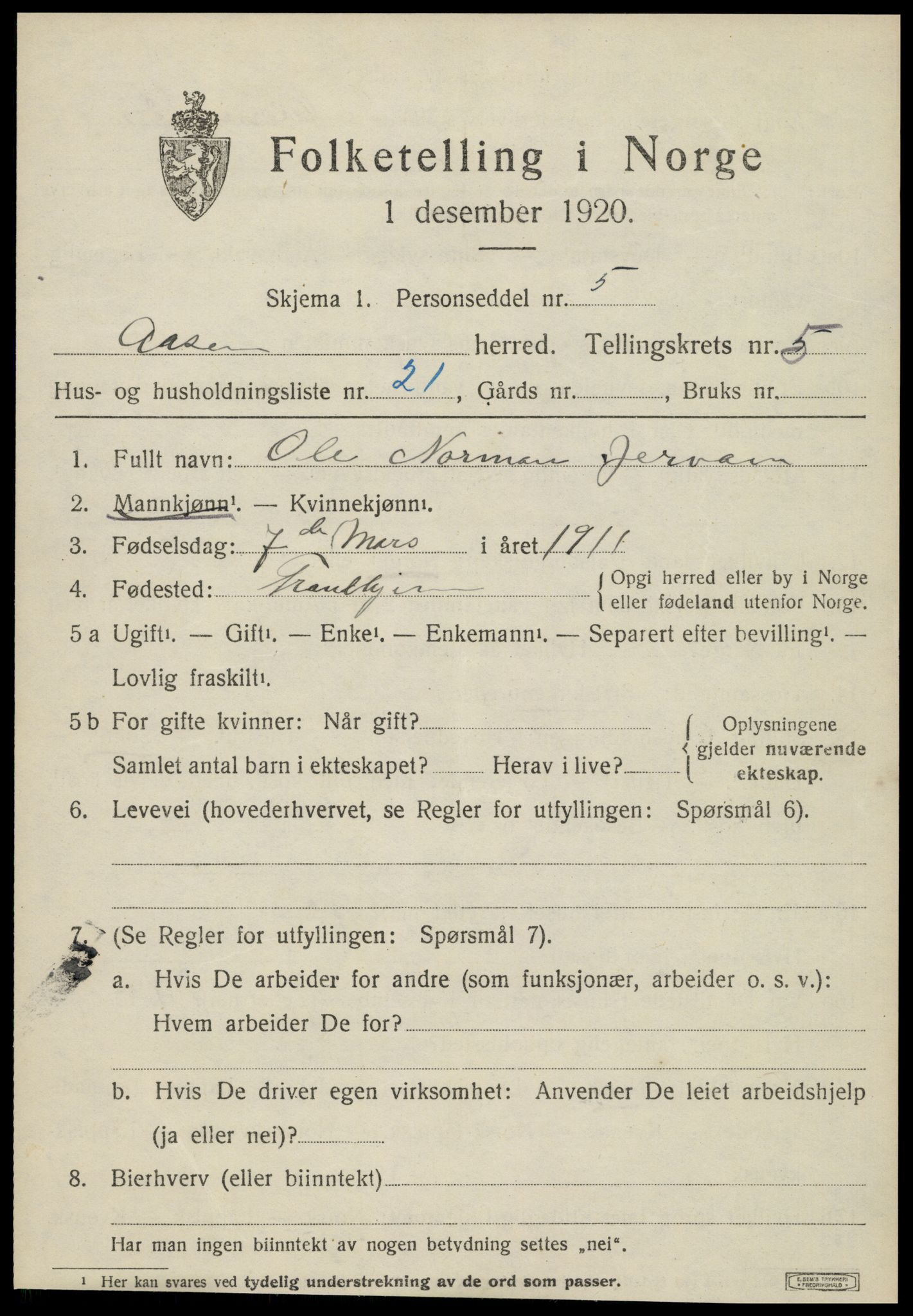 SAT, 1920 census for Åsen, 1920, p. 4268