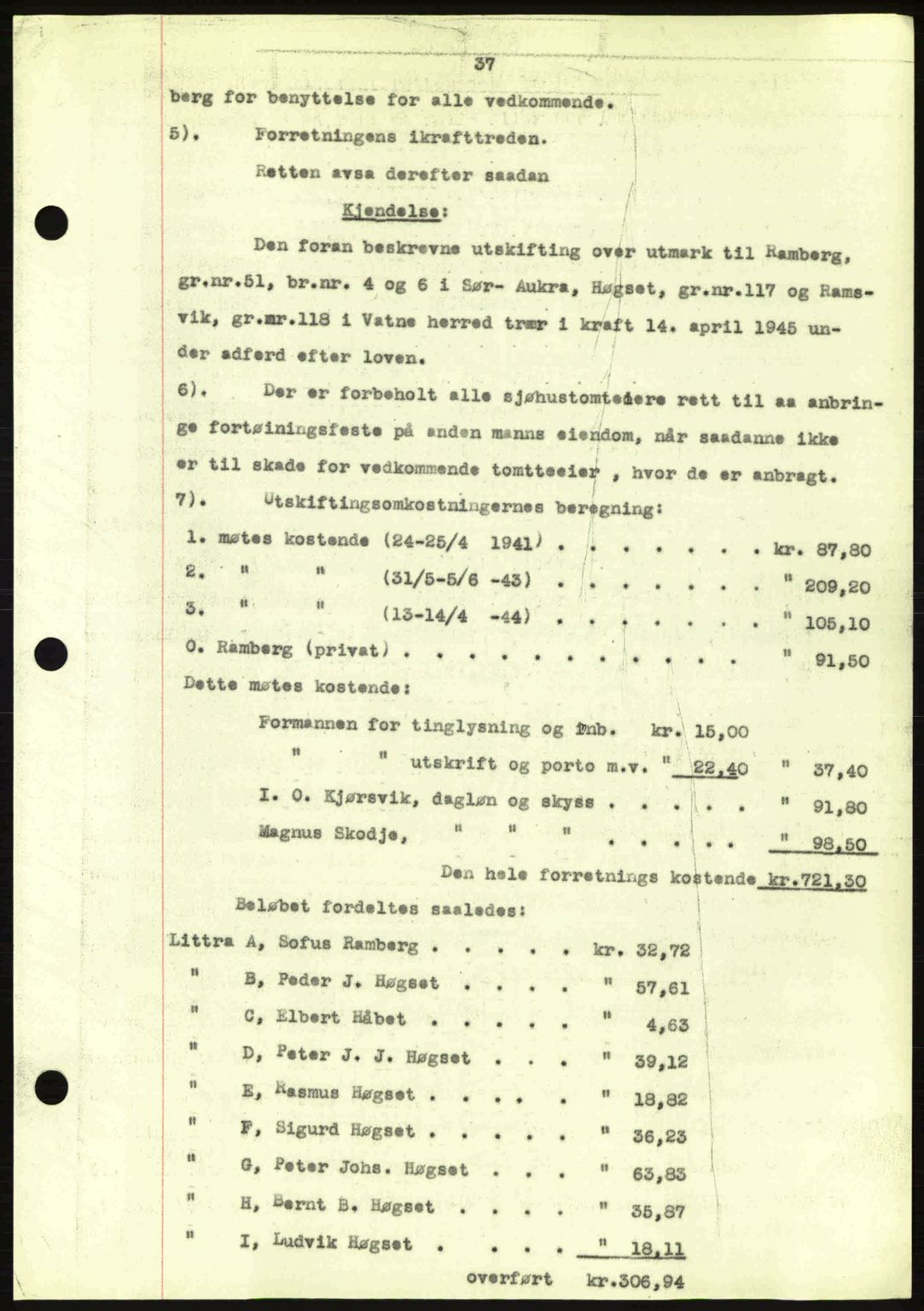 Romsdal sorenskriveri, AV/SAT-A-4149/1/2/2C: Mortgage book no. A17, 1944-1945, Diary no: : 98/1945