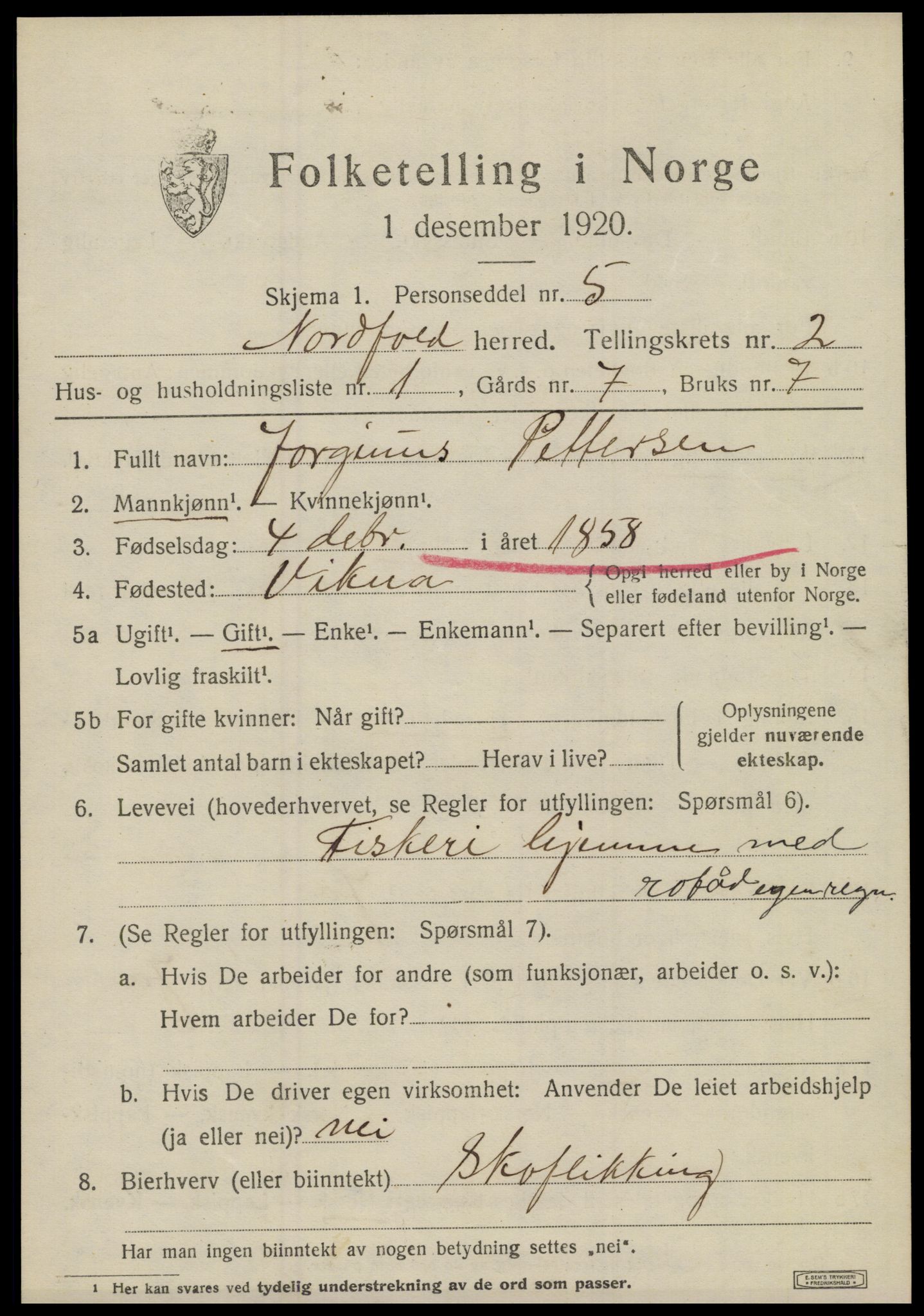 SAT, 1920 census for Nordfold, 1920, p. 1095