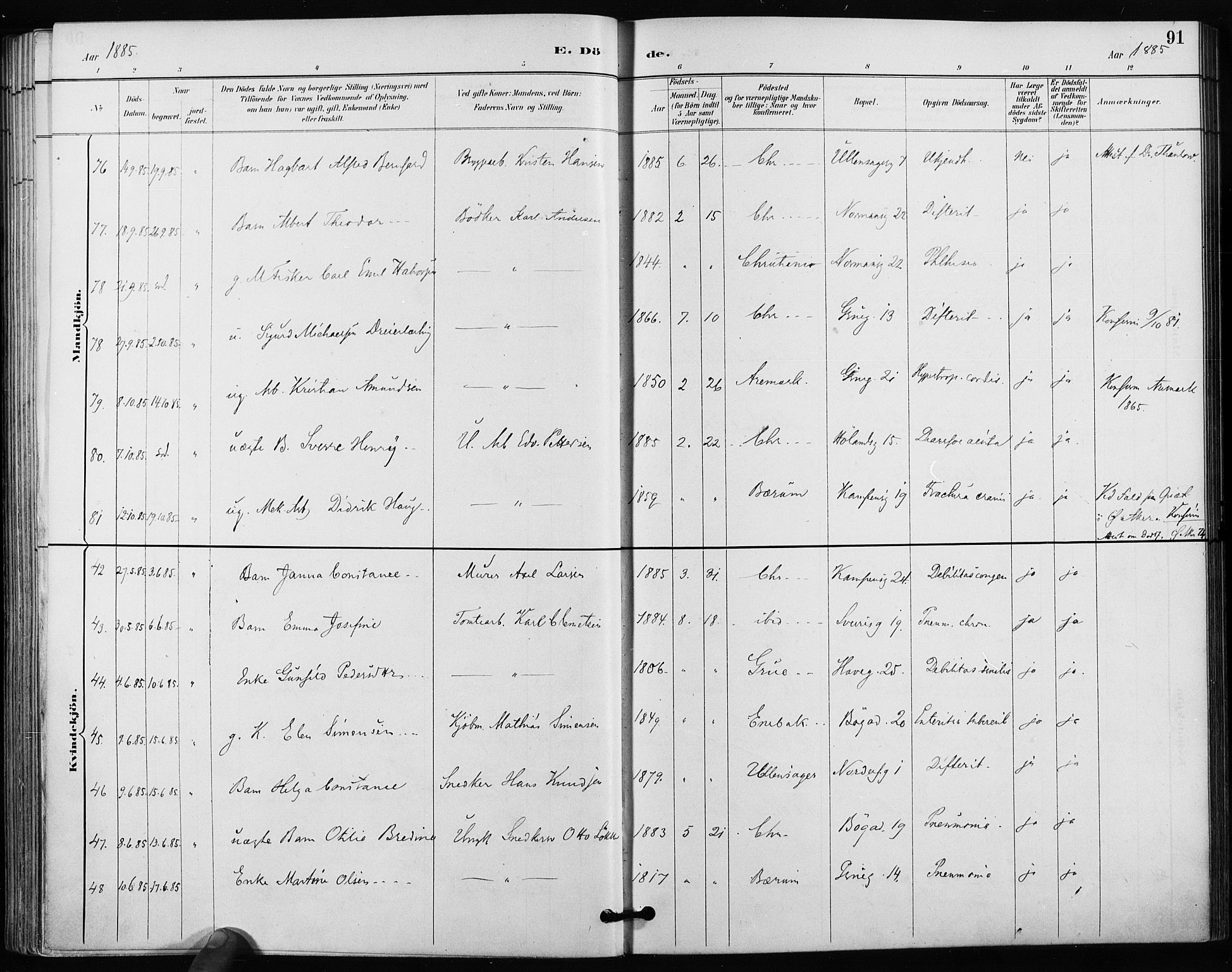 Kampen prestekontor Kirkebøker, AV/SAO-A-10853/F/Fa/L0004: Parish register (official) no. I 4, 1885-1892, p. 91