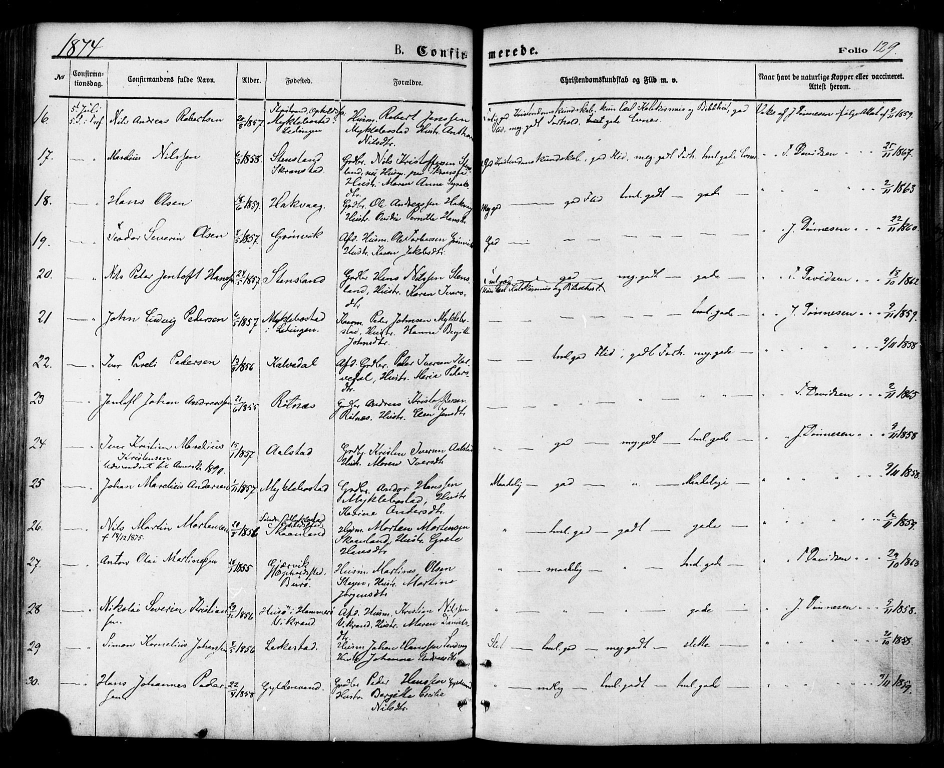 Ministerialprotokoller, klokkerbøker og fødselsregistre - Nordland, AV/SAT-A-1459/855/L0802: Parish register (official) no. 855A10, 1875-1886, p. 129