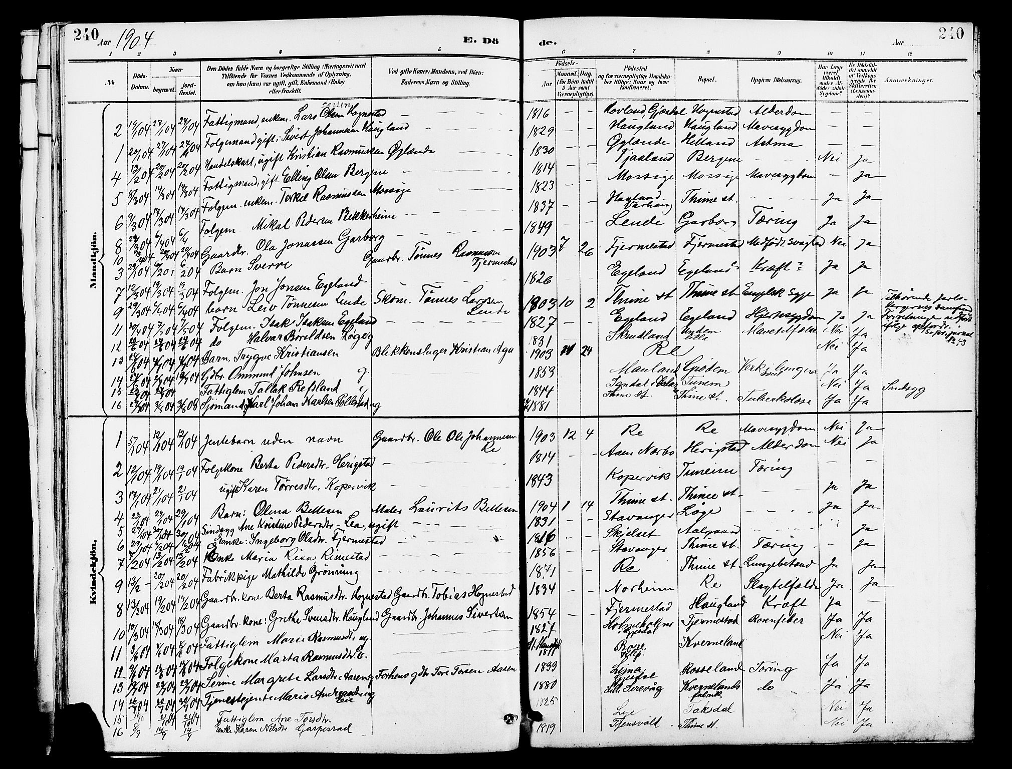 Lye sokneprestkontor, SAST/A-101794/001/30BB/L0007: Parish register (copy) no. B 8, 1889-1909, p. 240