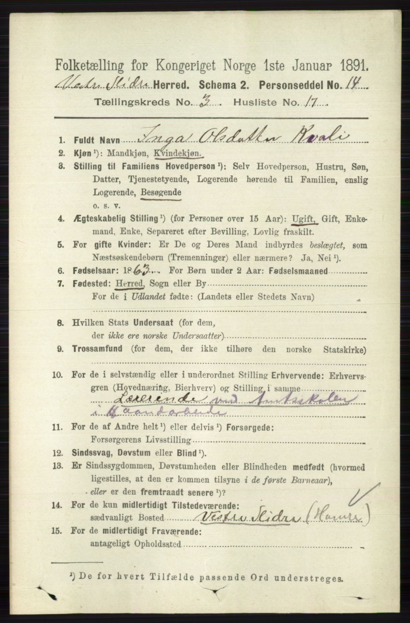 RA, 1891 census for 0543 Vestre Slidre, 1891, p. 950