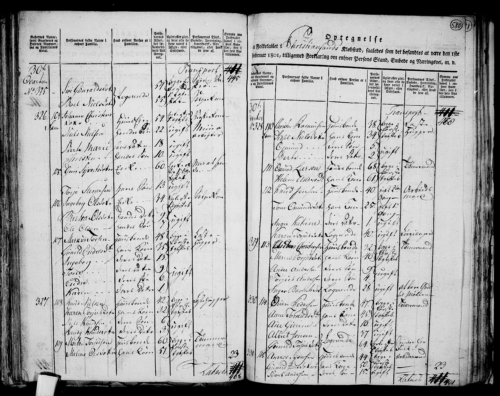 RA, 1801 census for 1001P Kristiansand, 1801, p. 579b-580a