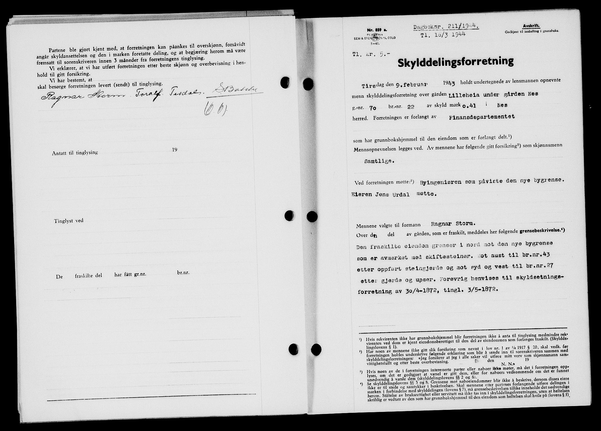 Flekkefjord sorenskriveri, SAK/1221-0001/G/Gb/Gba/L0059: Mortgage book no. A-7, 1944-1945, Diary no: : 211/1944
