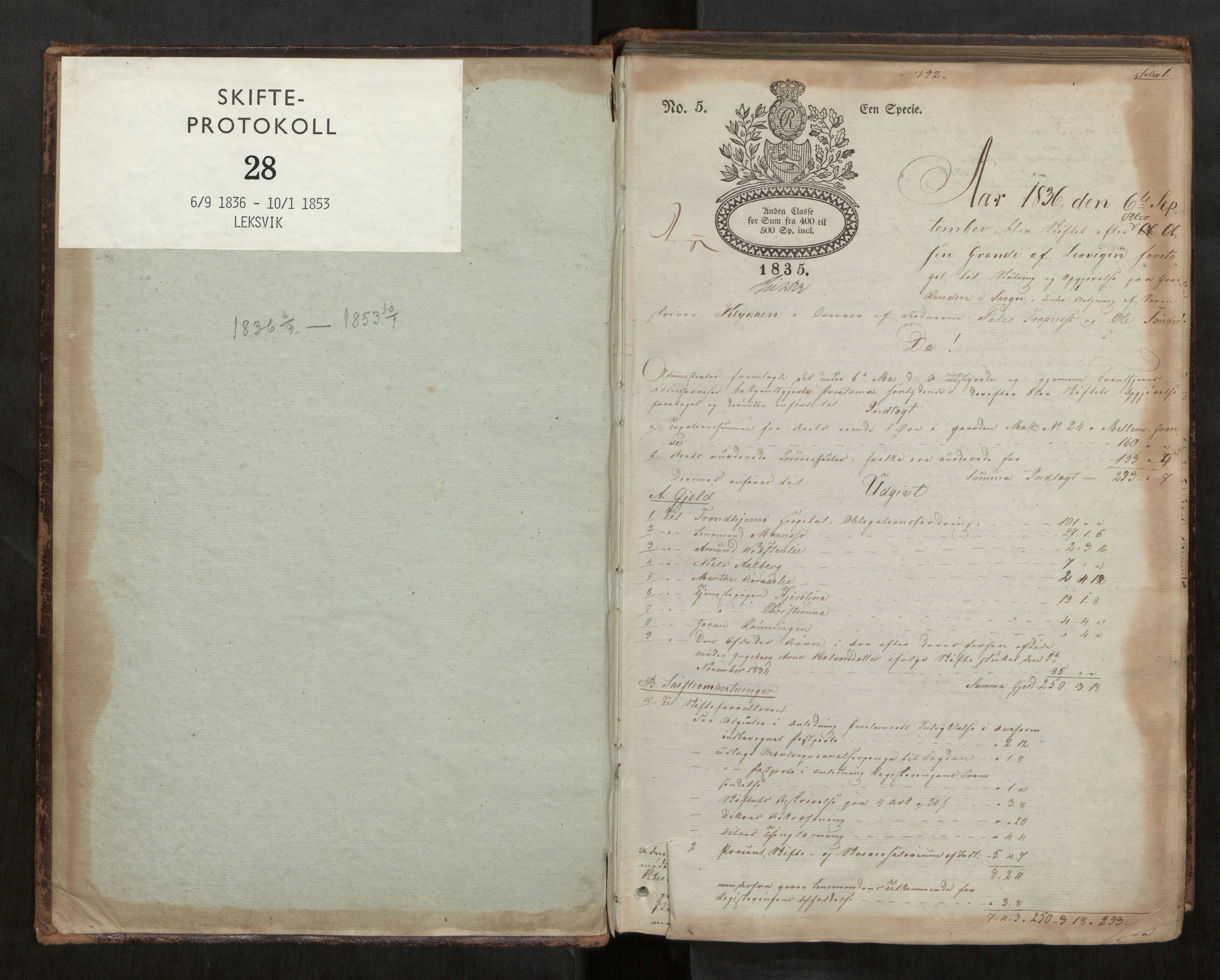 Stjør- og Verdal sorenskriveri, AV/SAT-A-4167/1/3/3A/L0033: Skifteprotokoll 28, 1836-1853, p. 1
