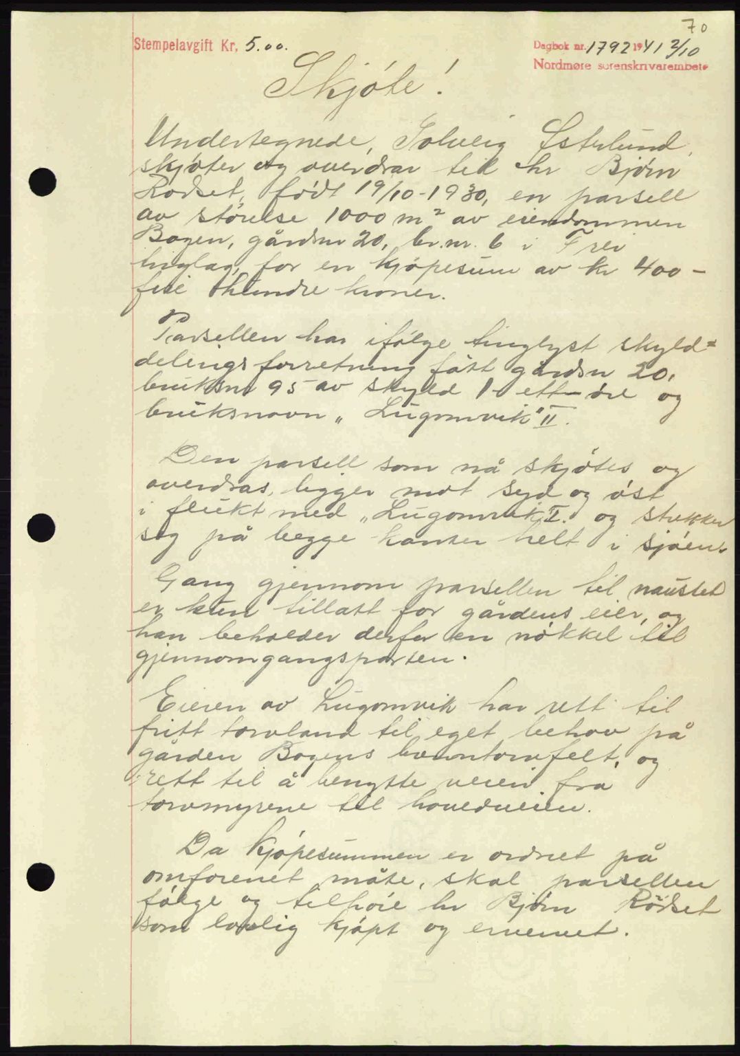 Nordmøre sorenskriveri, AV/SAT-A-4132/1/2/2Ca: Mortgage book no. A91, 1941-1942, Diary no: : 1792/1941