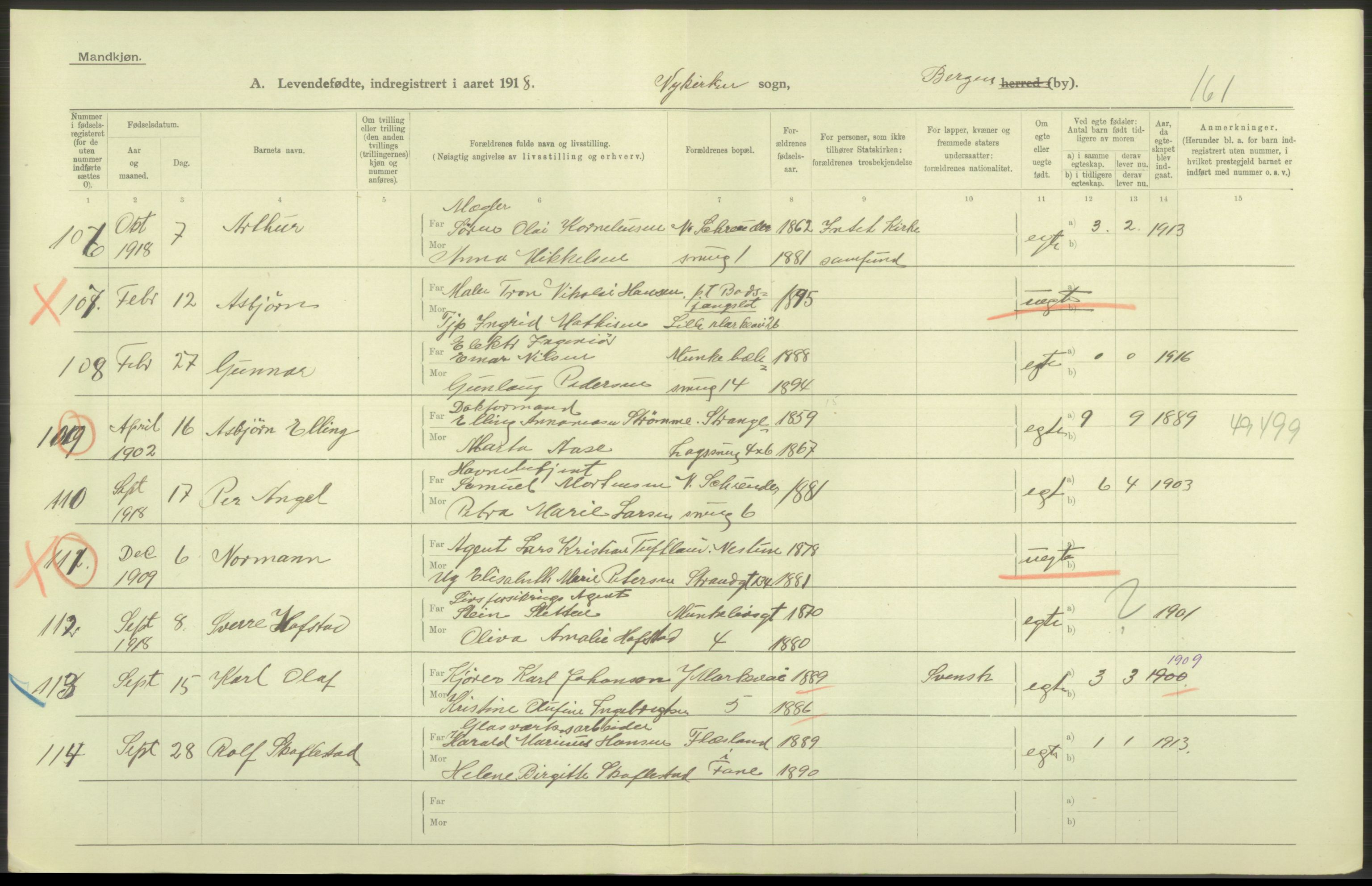 Statistisk sentralbyrå, Sosiodemografiske emner, Befolkning, AV/RA-S-2228/D/Df/Dfb/Dfbh/L0037: Bergen: Levendefødte menn og kvinner., 1918, p. 410