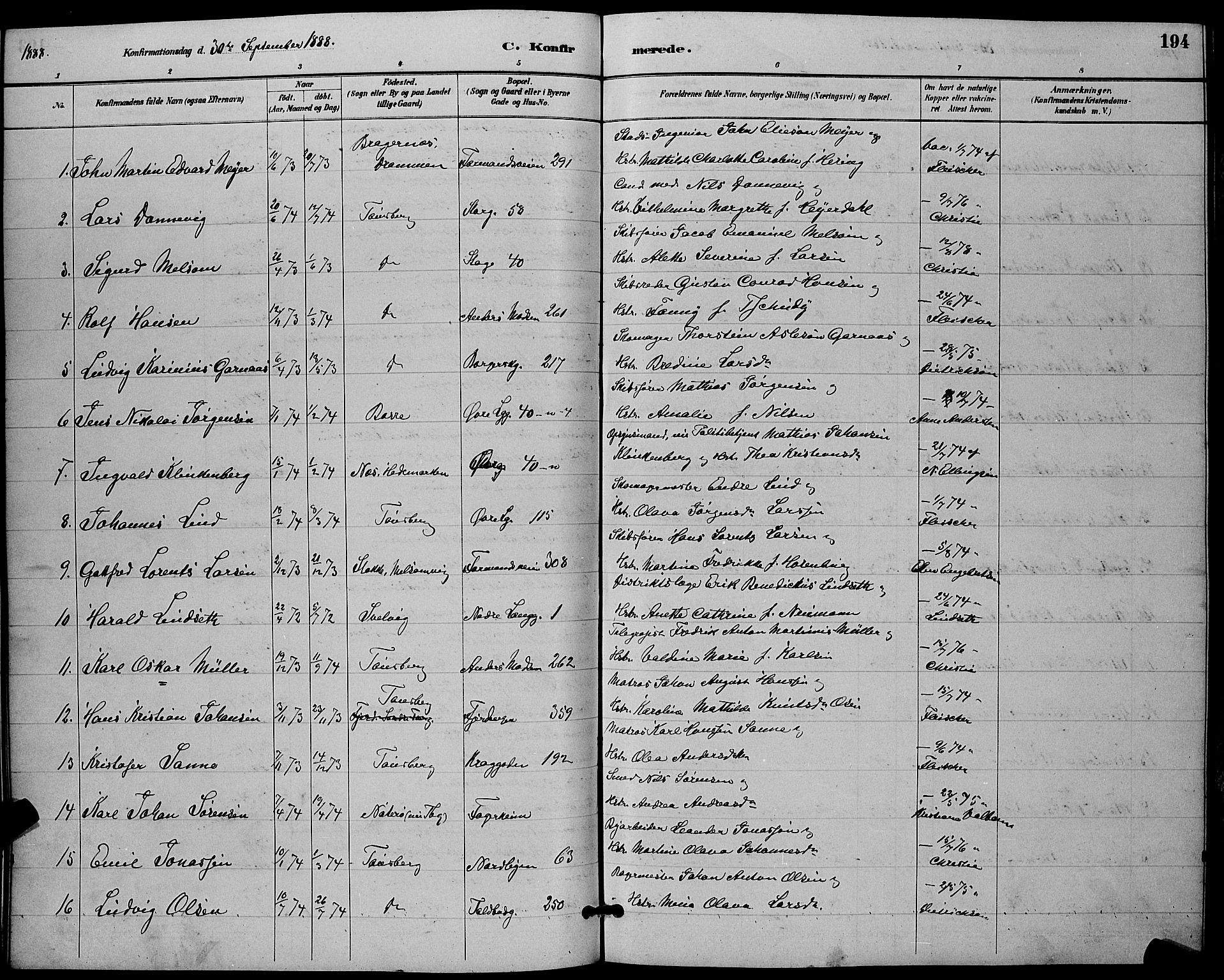 Tønsberg kirkebøker, AV/SAKO-A-330/G/Ga/L0006: Parish register (copy) no. 6, 1885-1895, p. 194