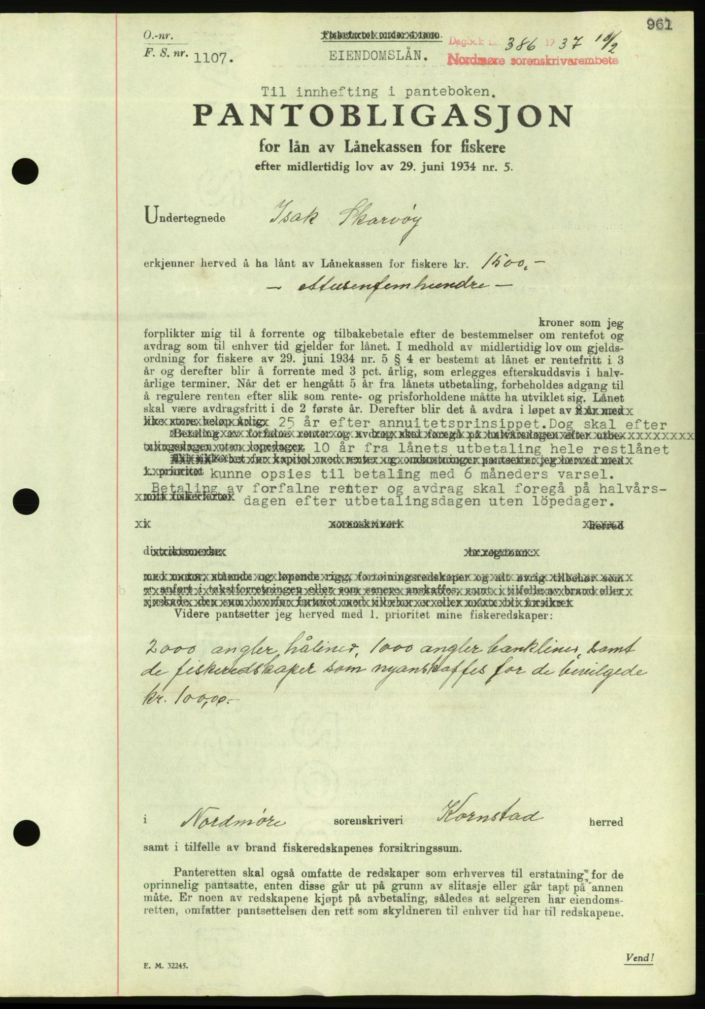 Nordmøre sorenskriveri, AV/SAT-A-4132/1/2/2Ca/L0090: Mortgage book no. B80, 1936-1937, Diary no: : 386/1937