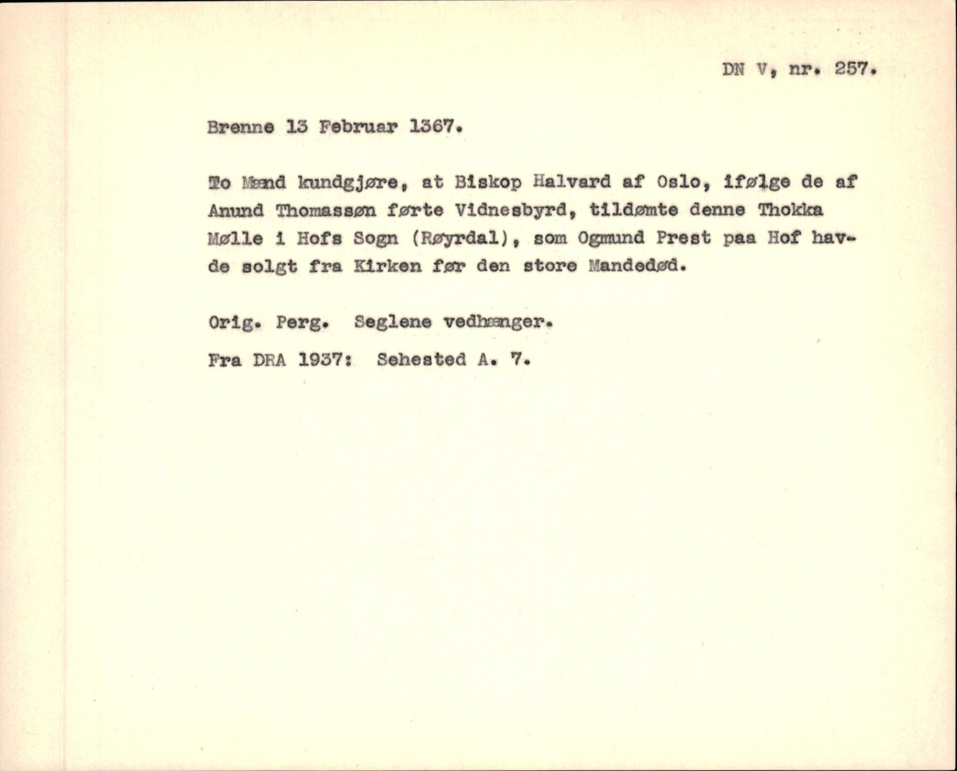 Riksarkivets diplomsamling, AV/RA-EA-5965/F35/F35f/L0001: Regestsedler: Diplomer fra DRA 1937 og 1996, p. 235