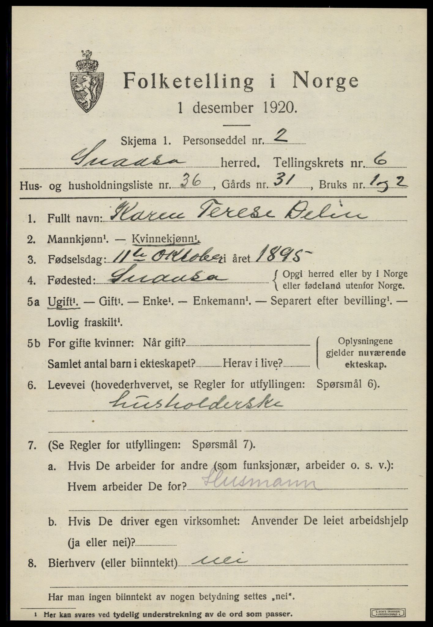 SAT, 1920 census for Snåsa, 1920, p. 2930