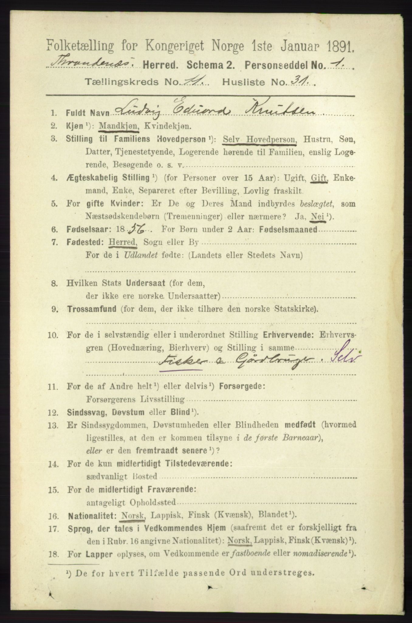RA, 1891 census for 1914 Trondenes, 1891, p. 8201