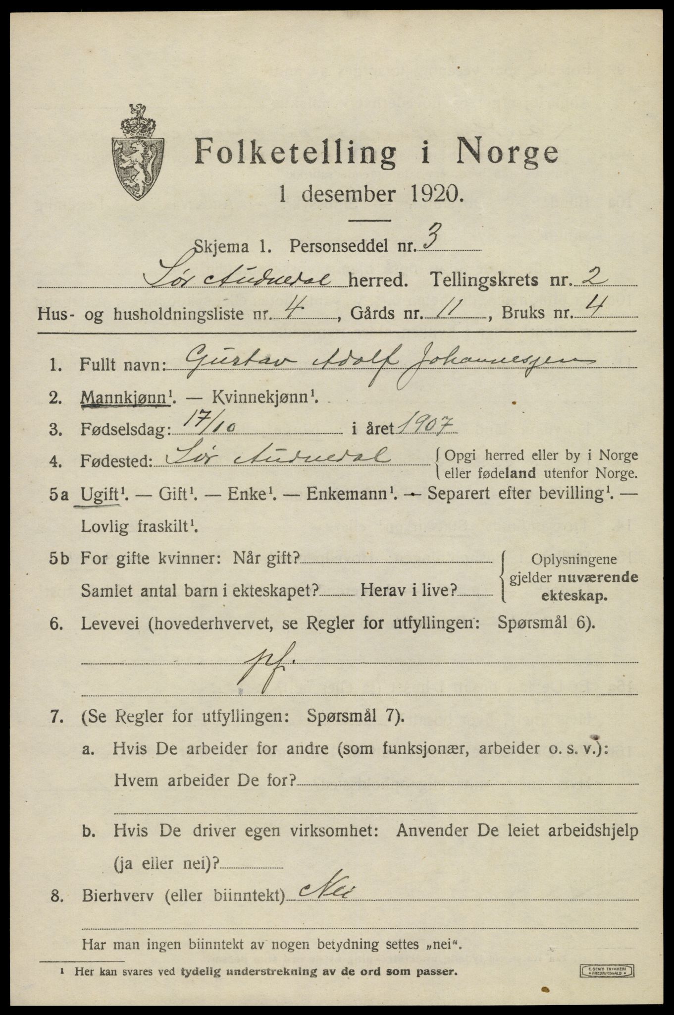 SAK, 1920 census for Sør-Audnedal, 1920, p. 1615