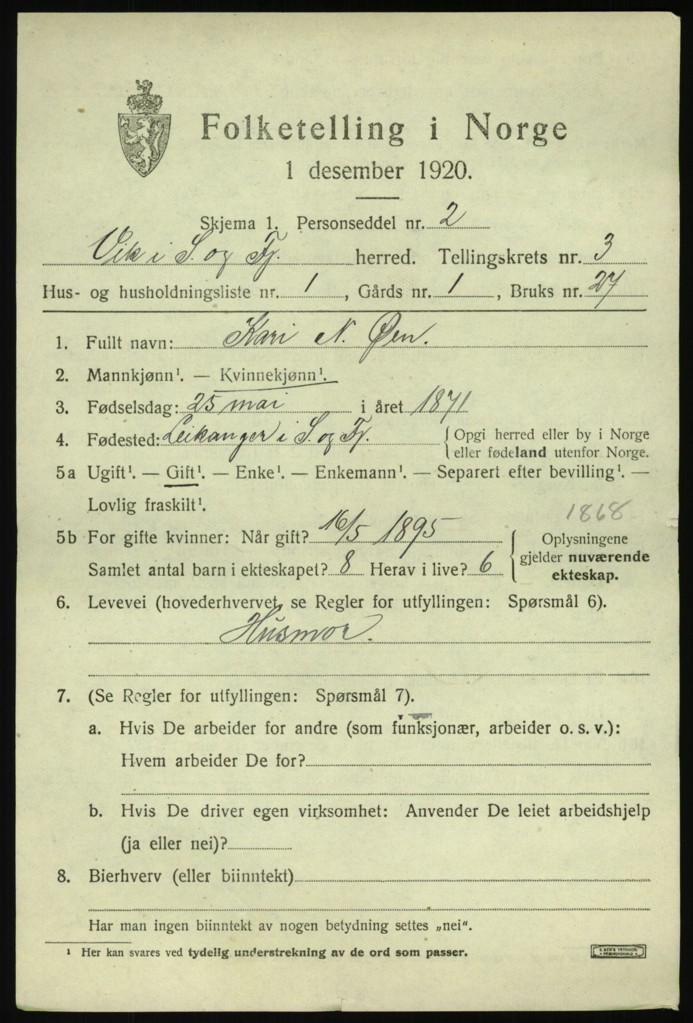 SAB, 1920 census for Vik, 1920, p. 2625