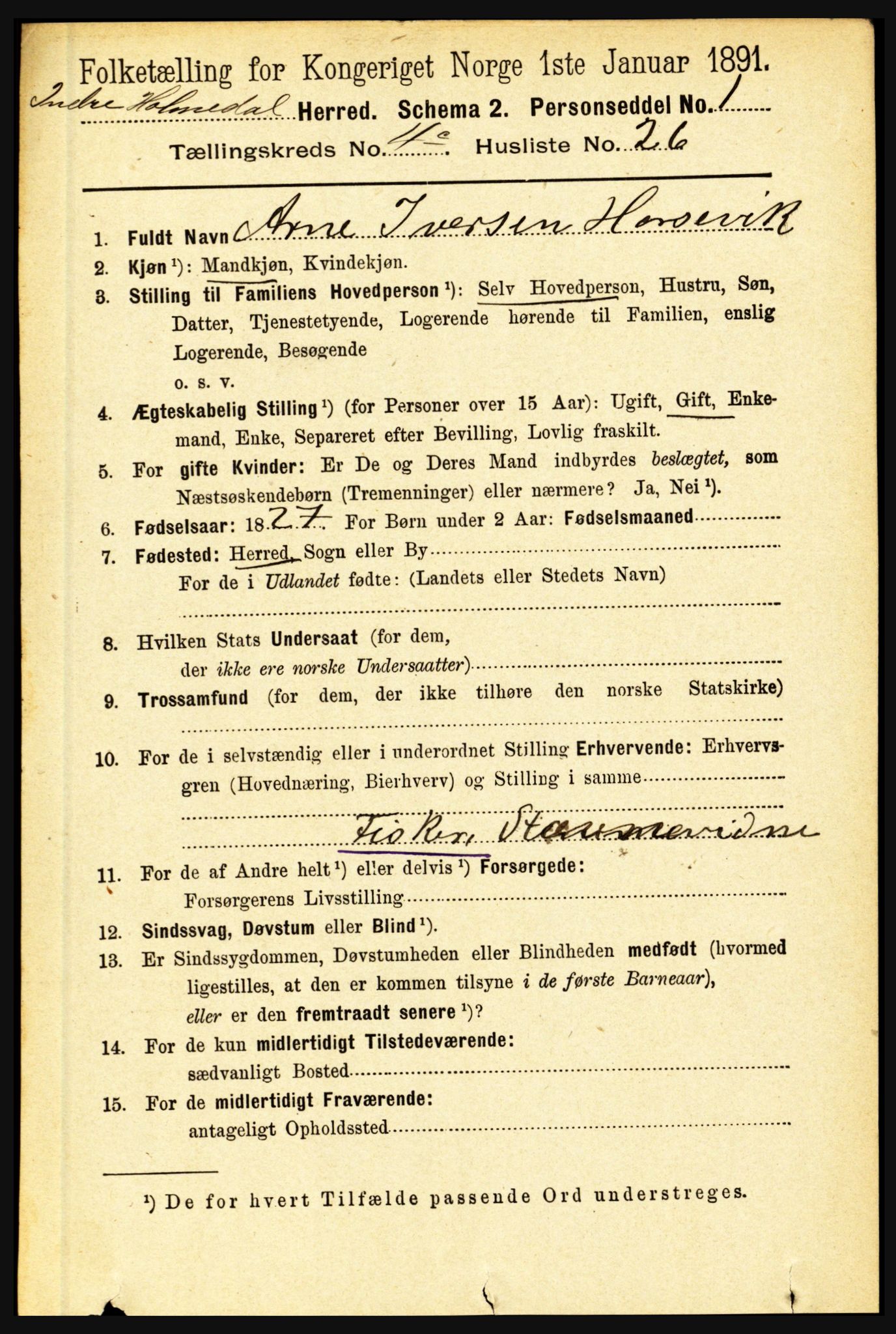 RA, 1891 census for 1430 Indre Holmedal, 1891, p. 1815