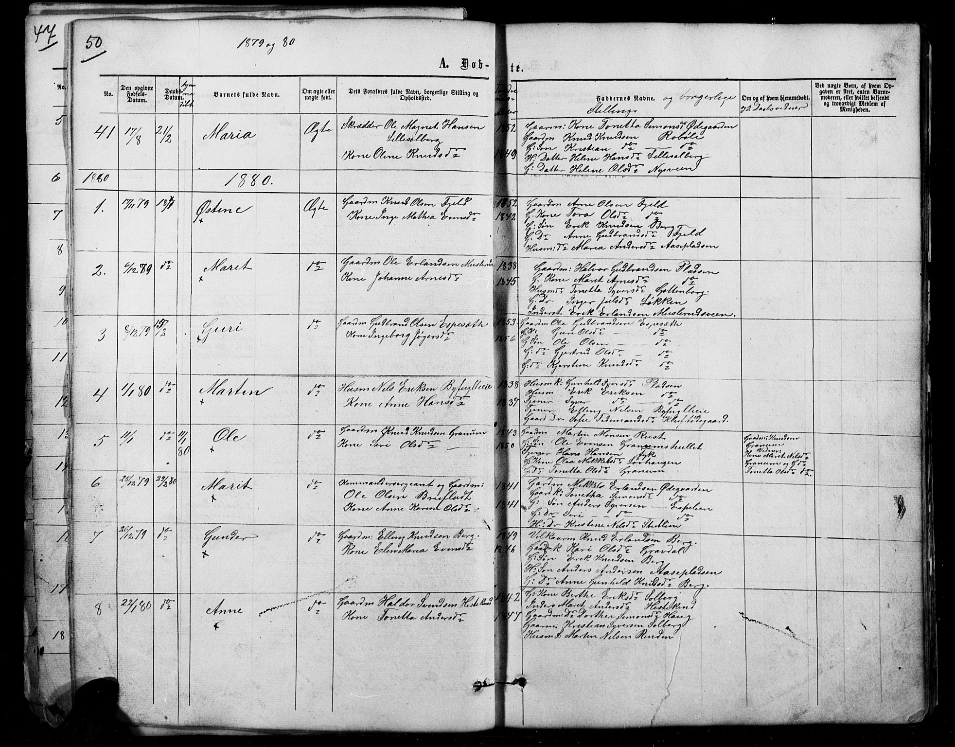 Sør-Aurdal prestekontor, SAH/PREST-128/H/Ha/Hab/L0007: Parish register (copy) no. 7, 1866-1893, p. 50