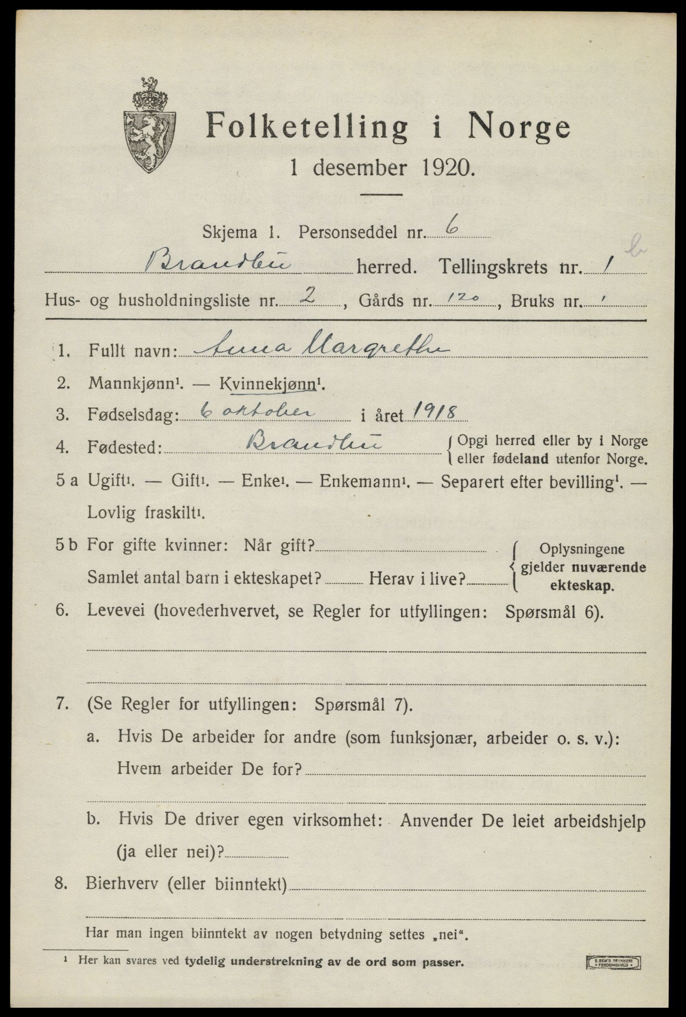 SAH, 1920 census for Brandbu, 1920, p. 3101