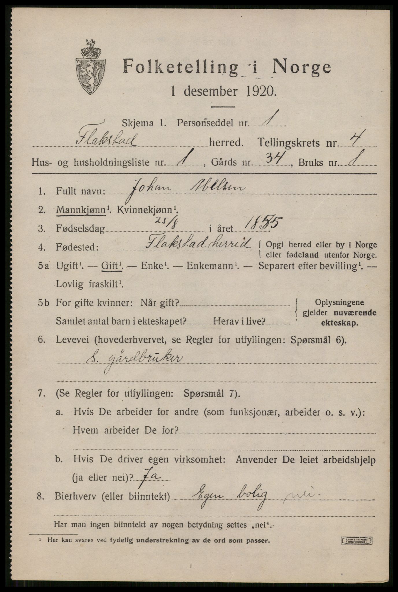 SAT, 1920 census for Flakstad, 1920, p. 2823