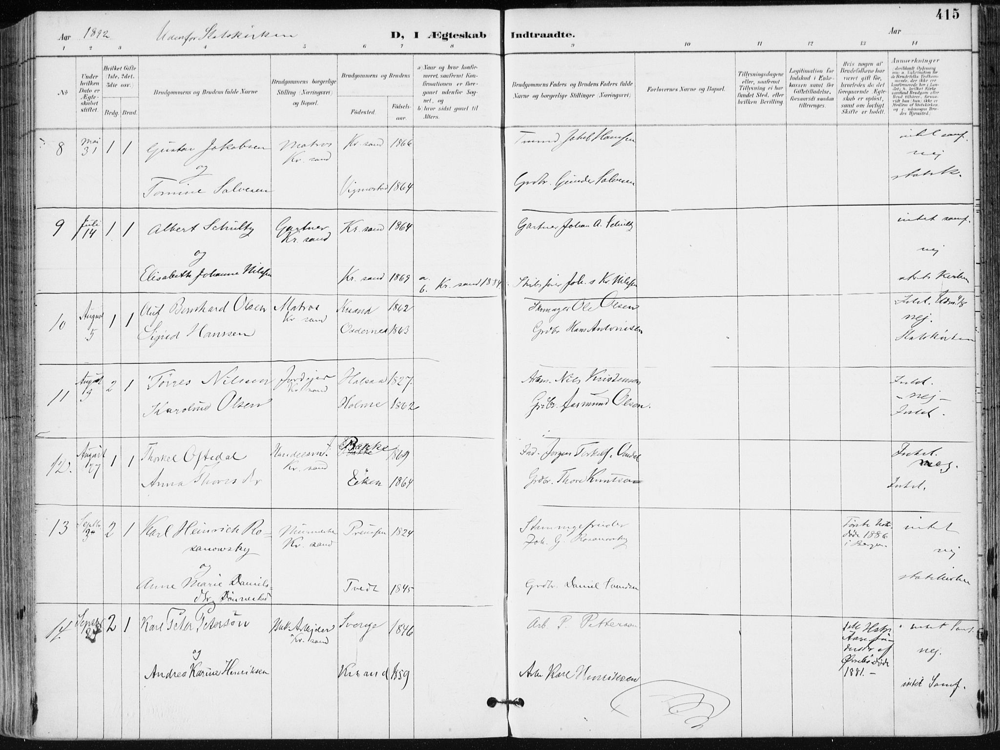 Kristiansand domprosti, AV/SAK-1112-0006/F/Fa/L0019: Parish register (official) no. A 18, 1890-1897, p. 415