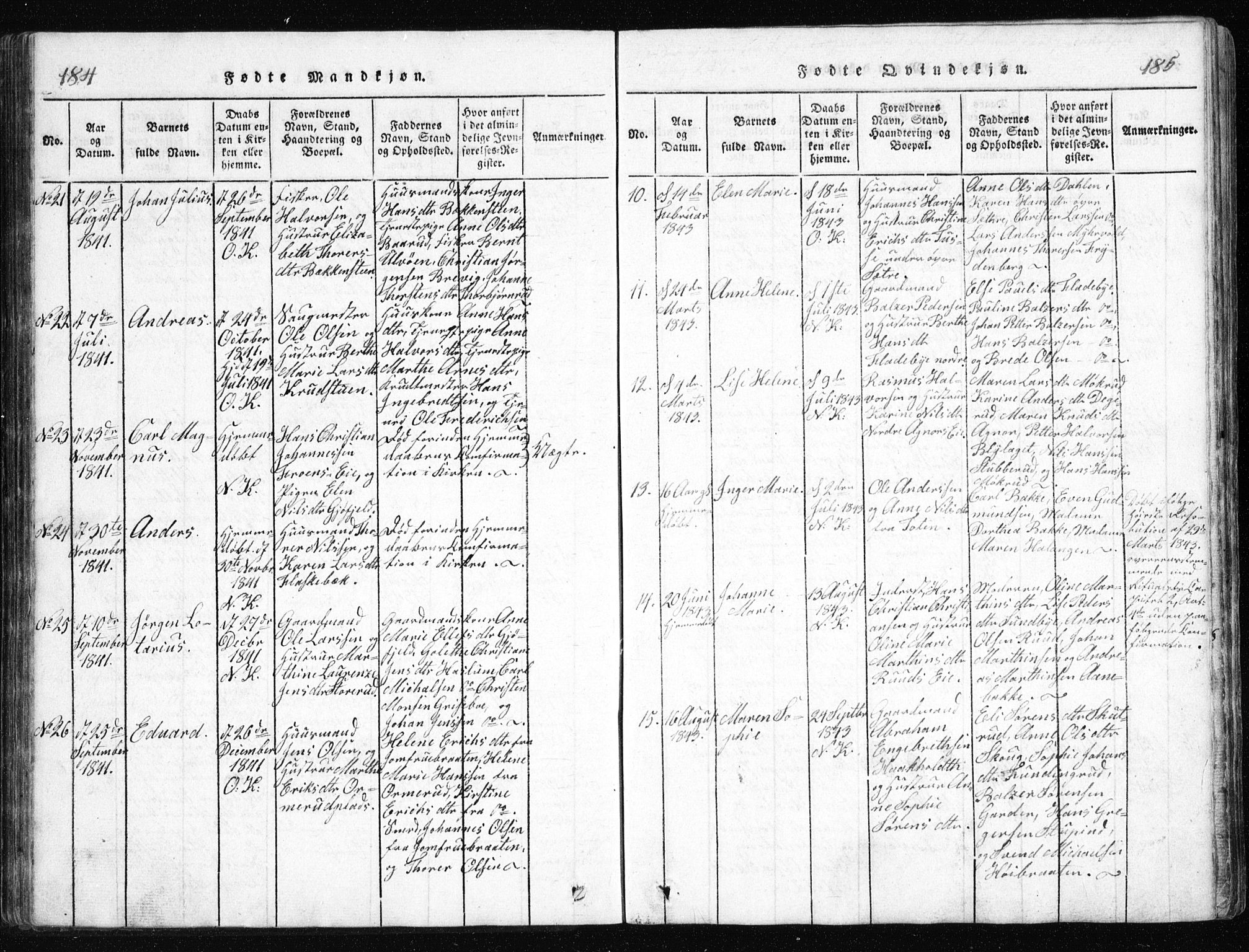 Nesodden prestekontor Kirkebøker, AV/SAO-A-10013/G/Ga/L0001: Parish register (copy) no. I 1, 1814-1847, p. 184-185