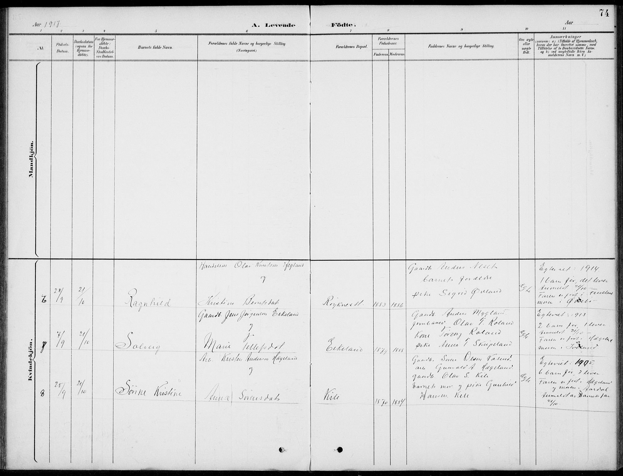 Vennesla sokneprestkontor, AV/SAK-1111-0045/Fb/Fba/L0003: Parish register (copy) no. B 3, 1890-1919, p. 74