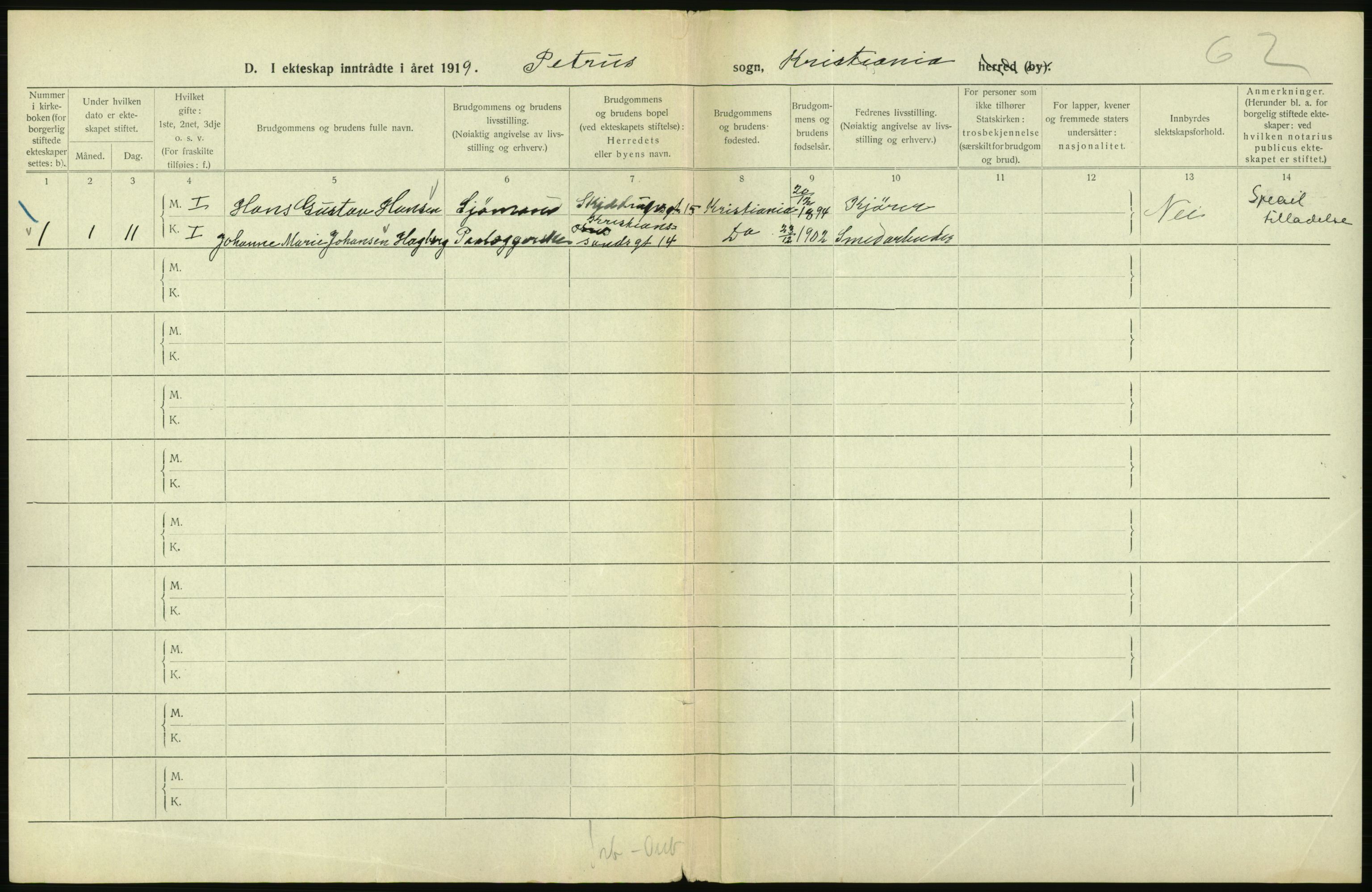 Statistisk sentralbyrå, Sosiodemografiske emner, Befolkning, RA/S-2228/D/Df/Dfb/Dfbi/L0009: Kristiania: Gifte, 1919, p. 420