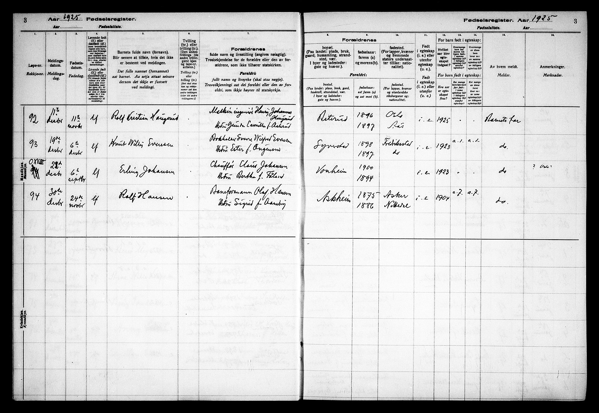 Asker prestekontor Kirkebøker, SAO/A-10256a/J/L0002: Birth register no. 2, 1925-1938, p. 3