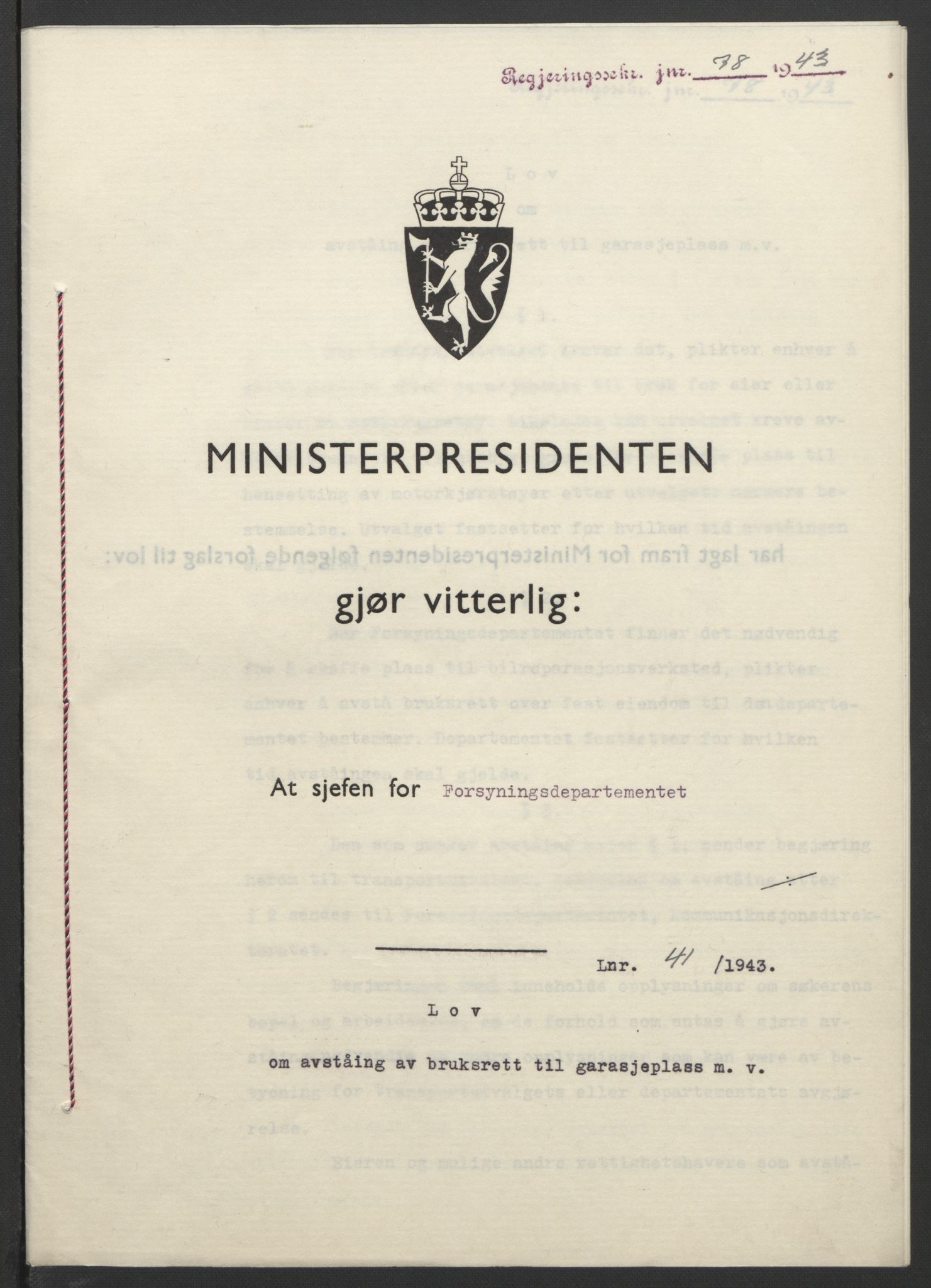 NS-administrasjonen 1940-1945 (Statsrådsekretariatet, de kommisariske statsråder mm), RA/S-4279/D/Db/L0099: Lover, 1943, p. 178